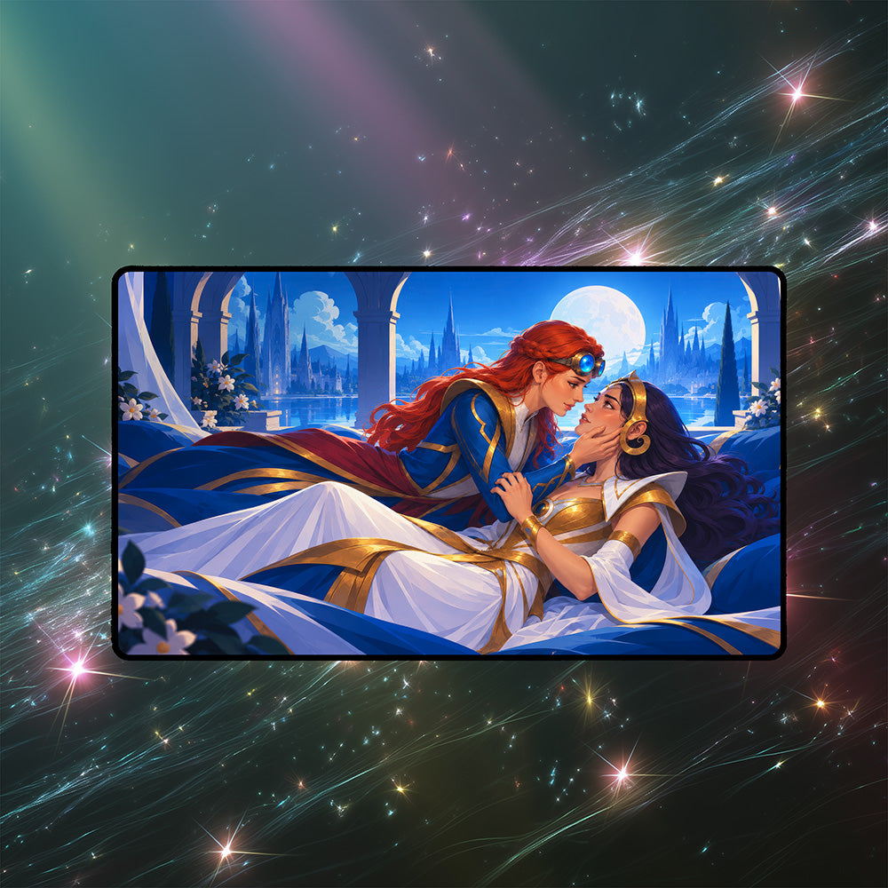 Two Sorceresses Reunited Moonlit Palace Balcony Fantasy Playmat 24x14 32x16