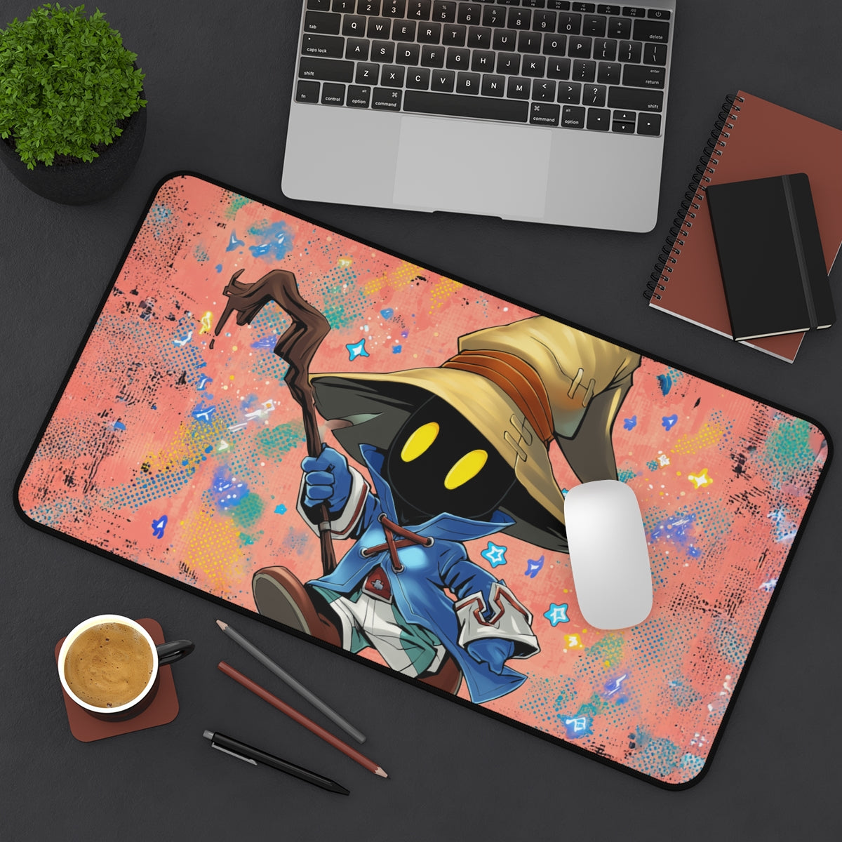 Chibi Vivi Ornitier Playmat | Final Fantasy Playmat |  Anime Style Black Mage Gaming Mat with Zones Option | 24x14 | 32x16 Sizes