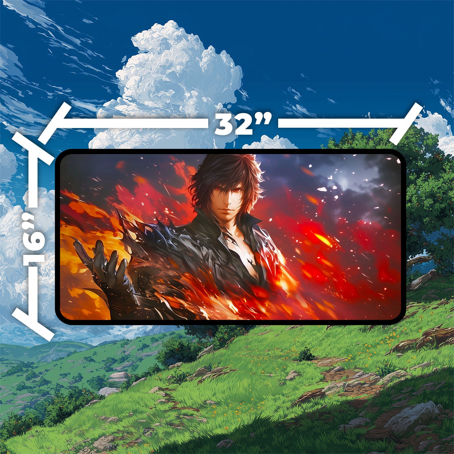 Clive, Ifrit’s Dominant Playmat | Final Fantasy Playmat | Iconic Fantasy Warrior Playmat with Zones Option | 24x14 | 22x12 | 32x16 Sizes