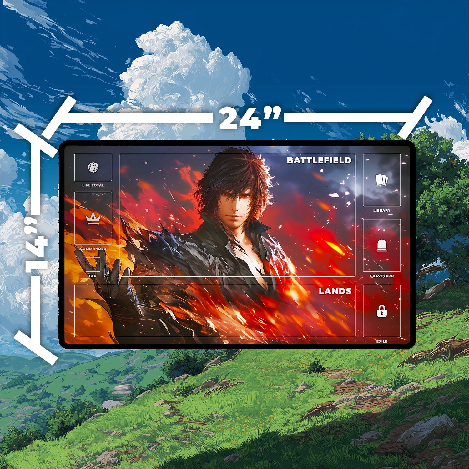 Clive, Ifrit’s Dominant Playmat | Final Fantasy Playmat | Iconic Fantasy Warrior Playmat with Zones Option | 24x14 | 22x12 | 32x16 Sizes