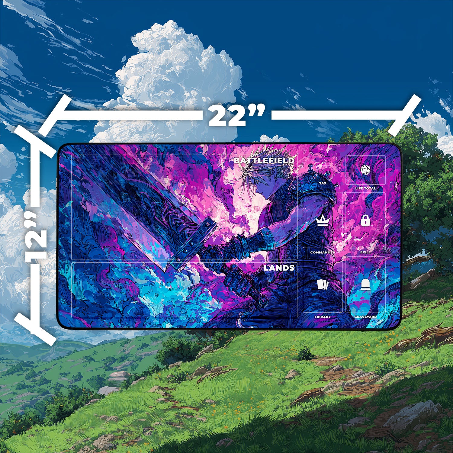 Cloud, Planet’s Champion Playmat | Iconic Fantasy Hero Playmat with Zones Option | 24x14 | 22x12 | 32x16 Sizes | Final Fantasy Playmat