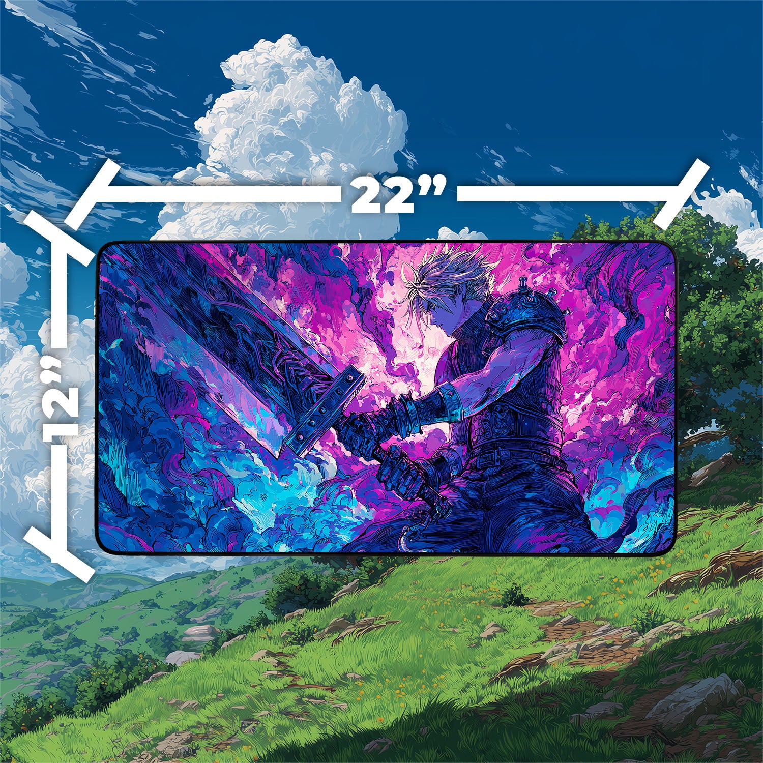 Cloud, Planet’s Champion Playmat | Iconic Fantasy Hero Playmat with Zones Option | 24x14 | 22x12 | 32x16 Sizes | Final Fantasy Playmat