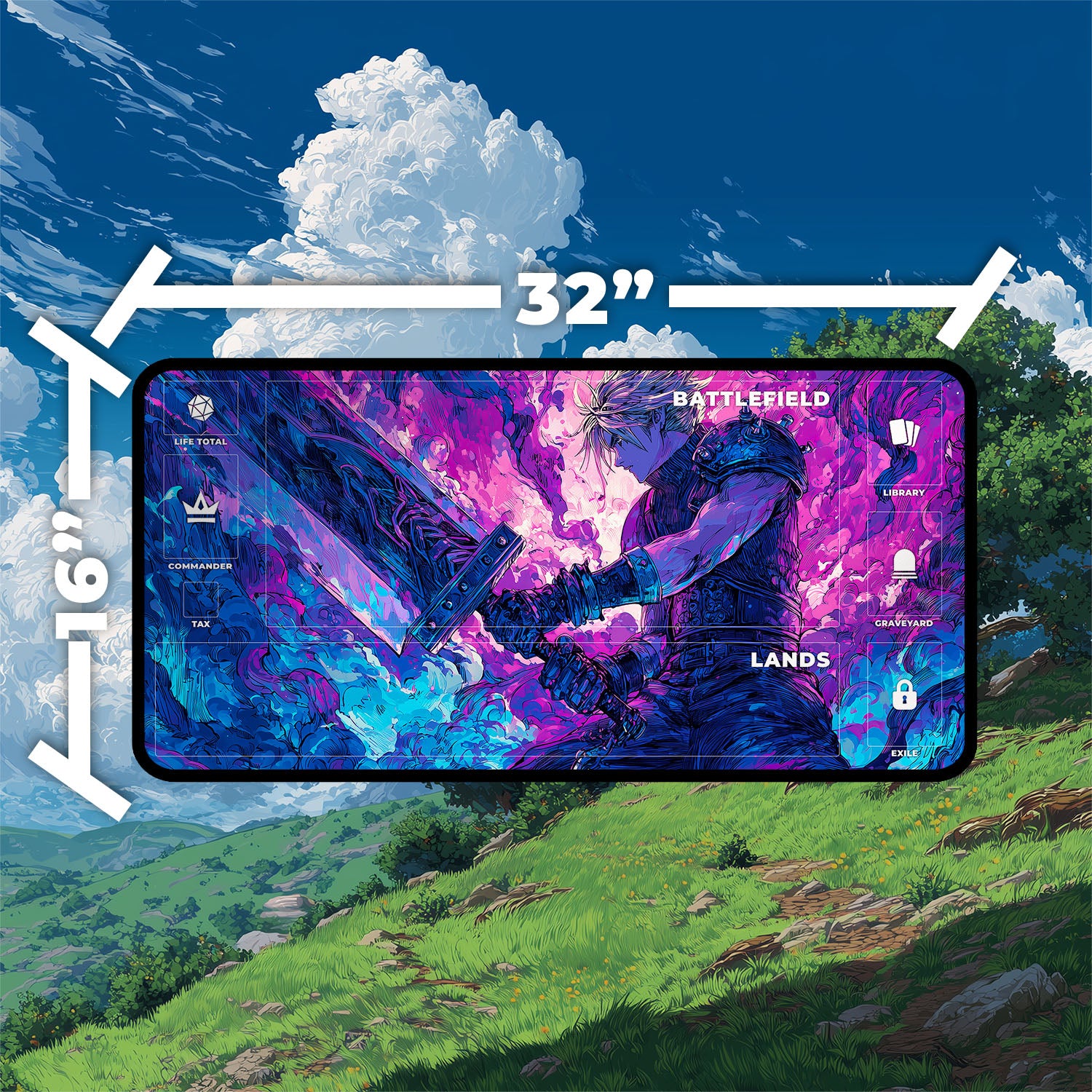 Cloud, Planet’s Champion Playmat | Iconic Fantasy Hero Playmat with Zones Option | 24x14 | 22x12 | 32x16 Sizes | Final Fantasy Playmat