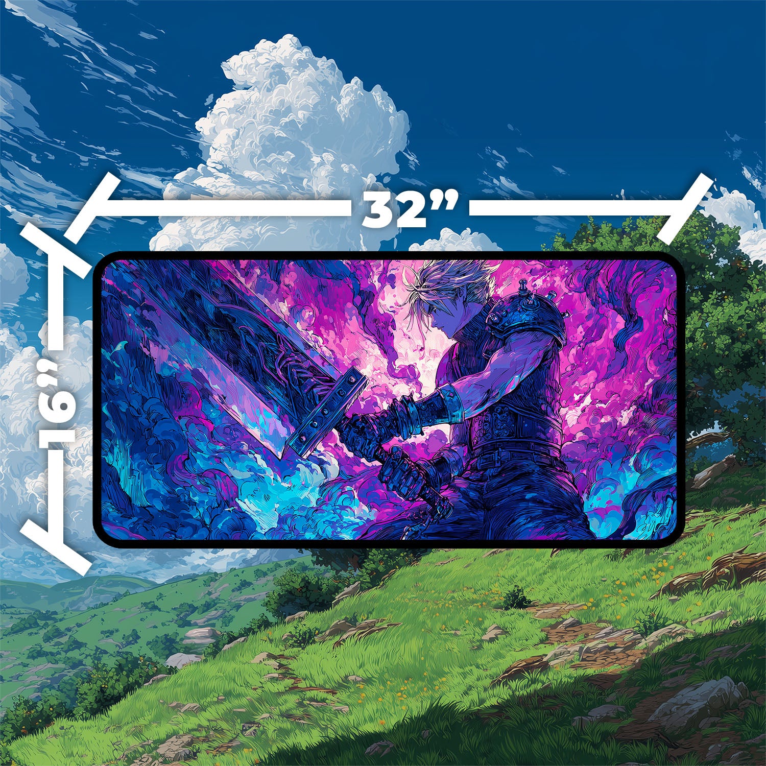 Cloud, Planet’s Champion Playmat | Iconic Fantasy Hero Playmat with Zones Option | 24x14 | 22x12 | 32x16 Sizes | Final Fantasy Playmat