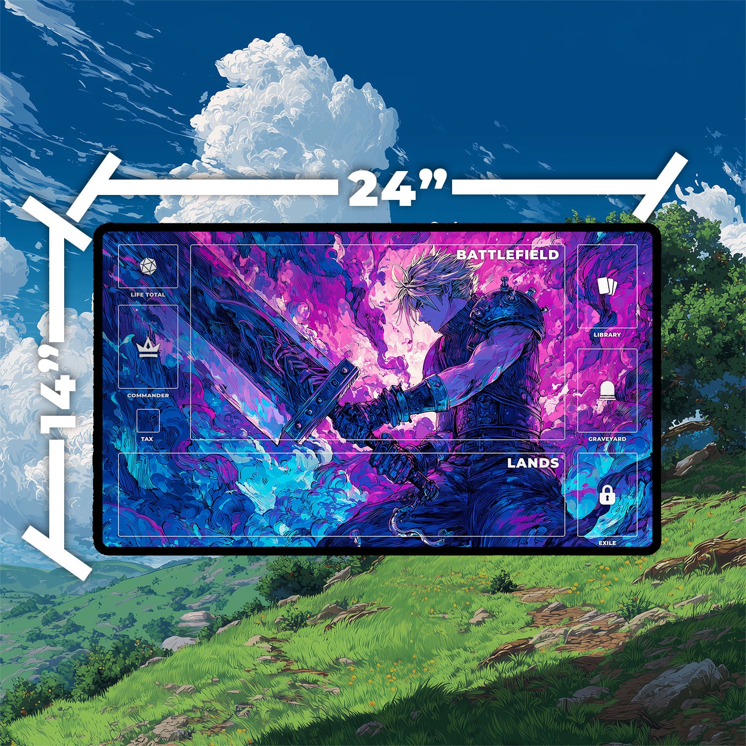 Cloud, Planet’s Champion Playmat | Iconic Fantasy Hero Playmat with Zones Option | 24x14 | 22x12 | 32x16 Sizes | Final Fantasy Playmat