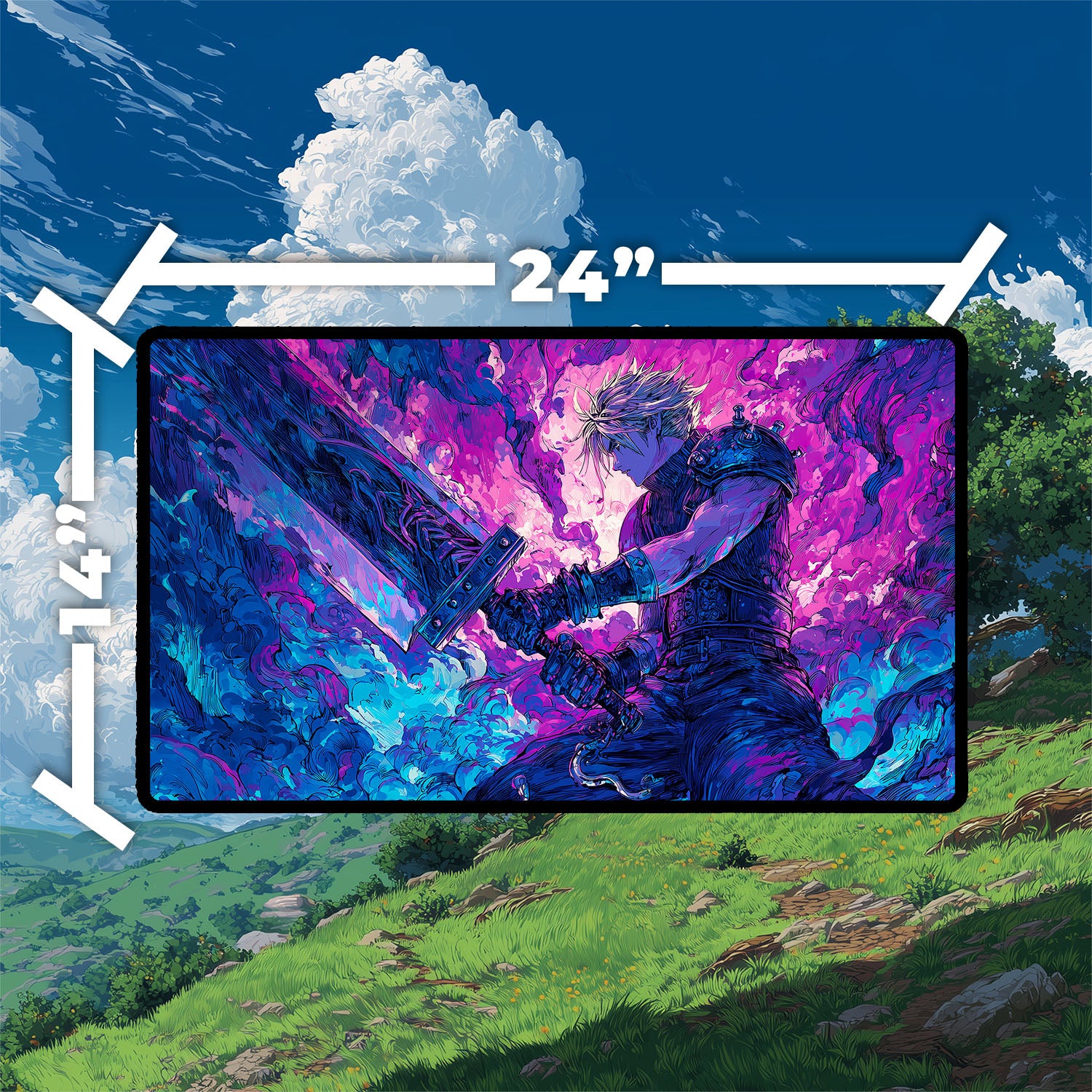 Cloud, Planet’s Champion Playmat | Iconic Fantasy Hero Playmat with Zones Option | 24x14 | 22x12 | 32x16 Sizes | Final Fantasy Playmat