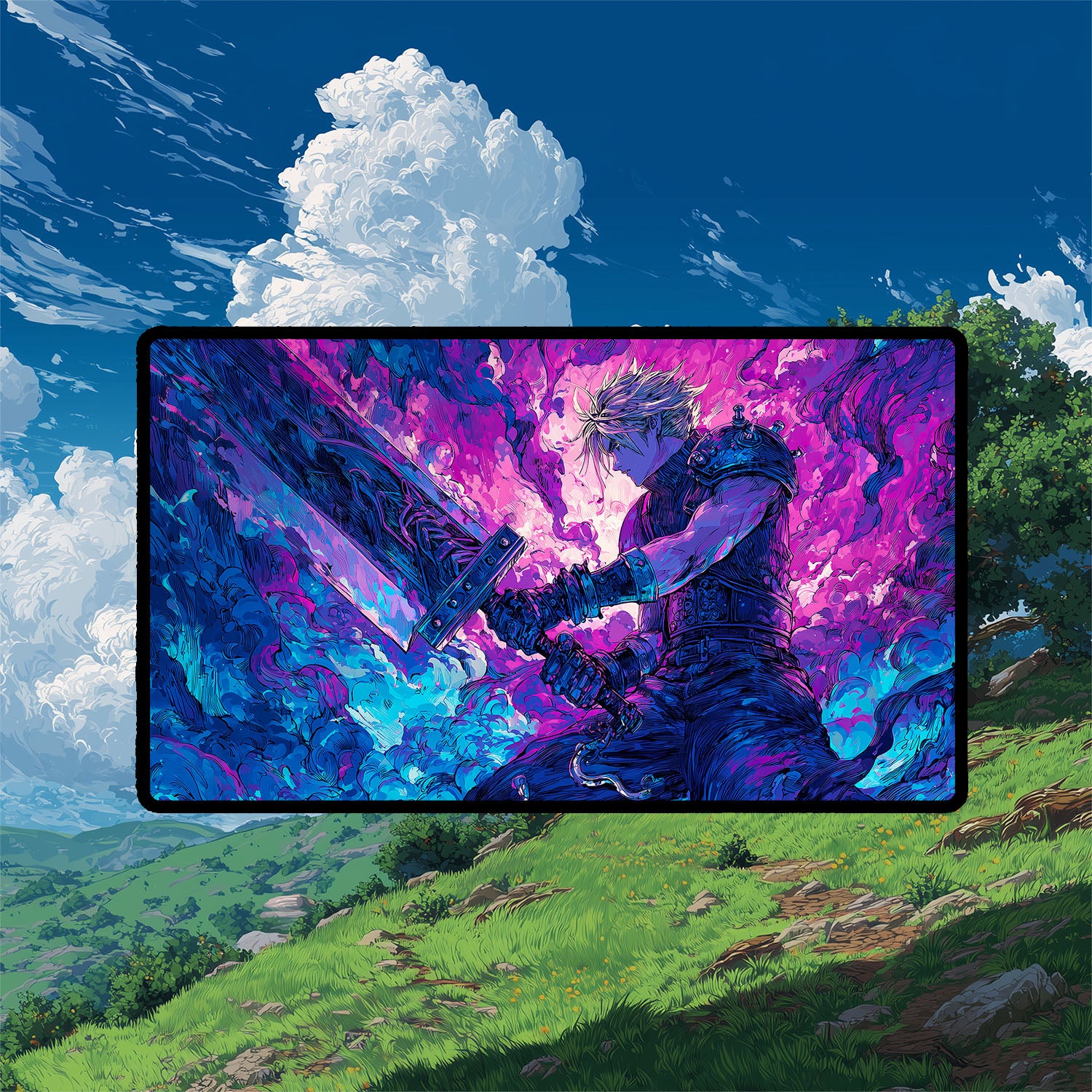 Cloud, Planet’s Champion Playmat | Iconic Fantasy Hero Playmat with Zones Option | 24x14 | 22x12 | 32x16 Sizes | Final Fantasy Playmat