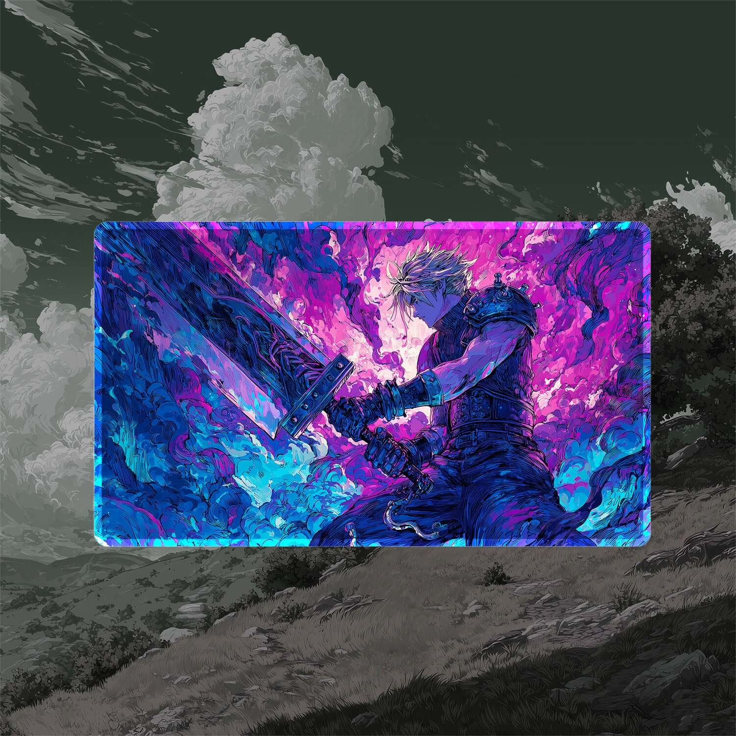 Cloud, Planet’s Champion Playmat (Borderless) | Final Fantasy Playmat | 24" x 14" (with Stitched Edges)