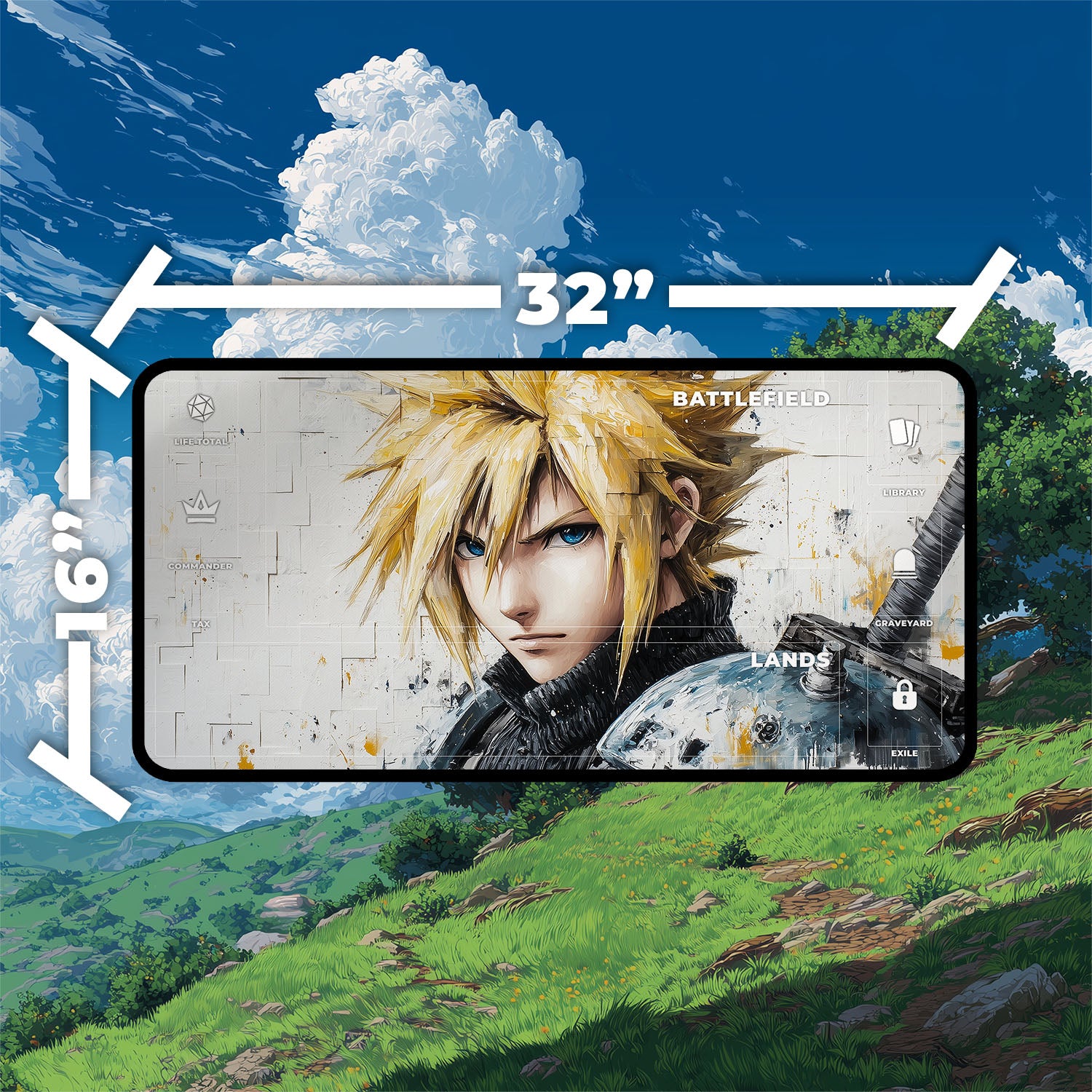 Cloud Strife Portrait Playmat | Final Fantasy Playmat | Oil Painting Style Playmat with Zones Option | 24x14 | 32x16 Sizes
