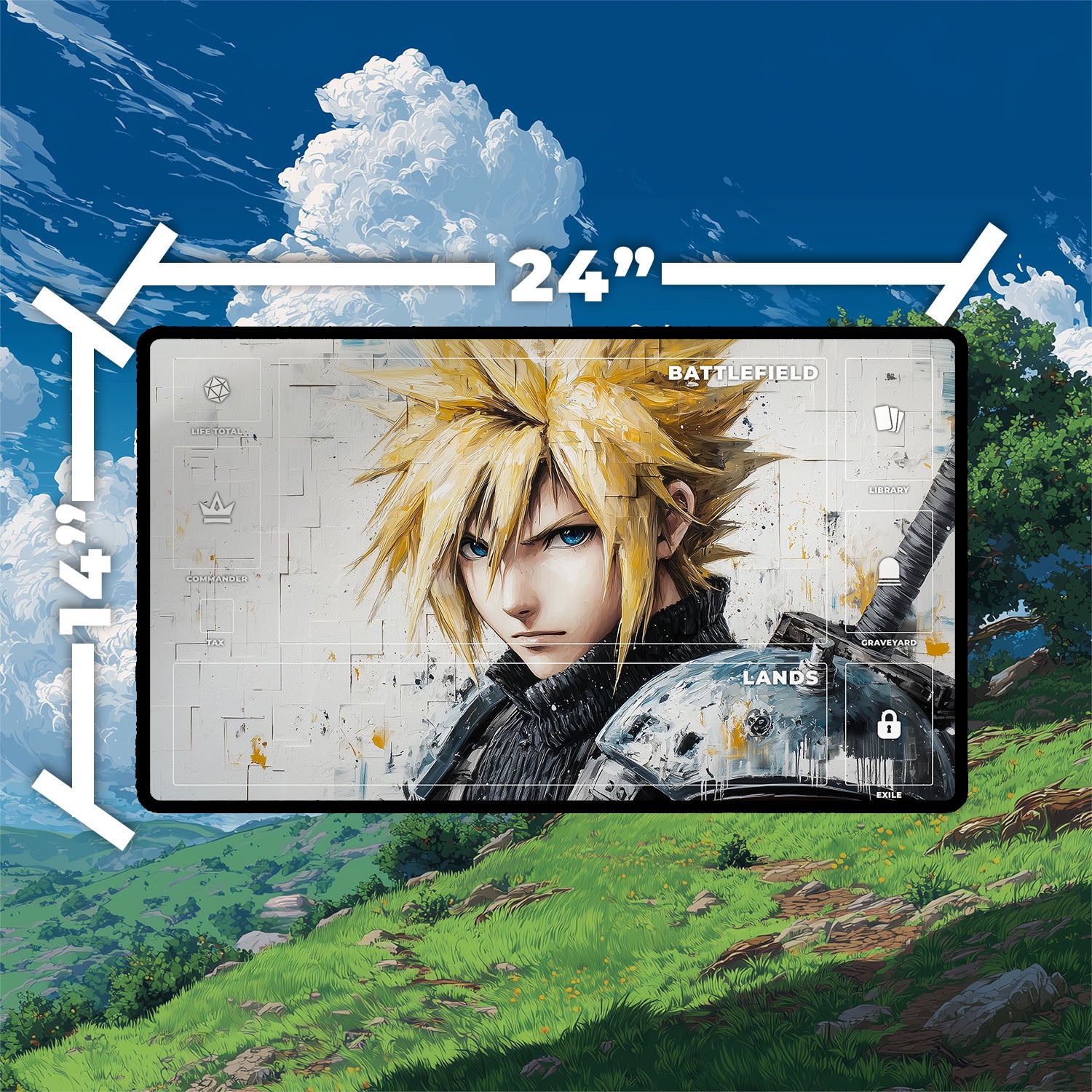 Cloud Strife Portrait Playmat | Final Fantasy Playmat | Oil Painting Style Playmat with Zones Option | 24x14 | 32x16 Sizes