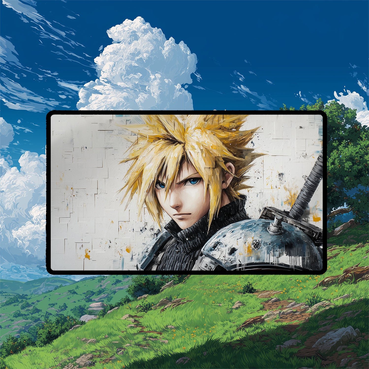 Cloud Strife Portrait Playmat | Final Fantasy Playmat | Oil Painting Style Playmat with Zones Option | 24x14 | 32x16 Sizes