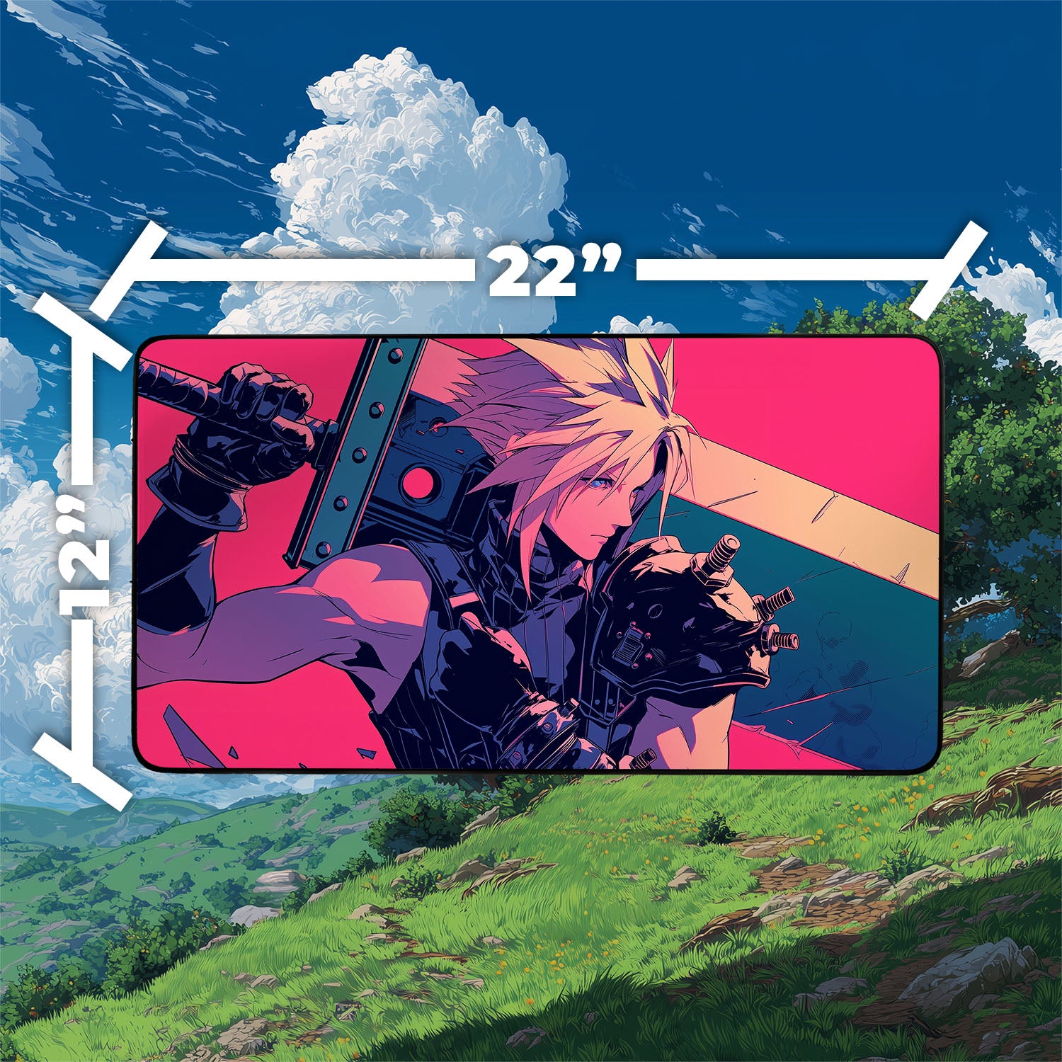 Cloud Strife Playmat | Final Fantasy Playmat | Iconic Fantasy Hero Playmat with Zones Option | 24x14 | 22x12 | 32x16 Sizes