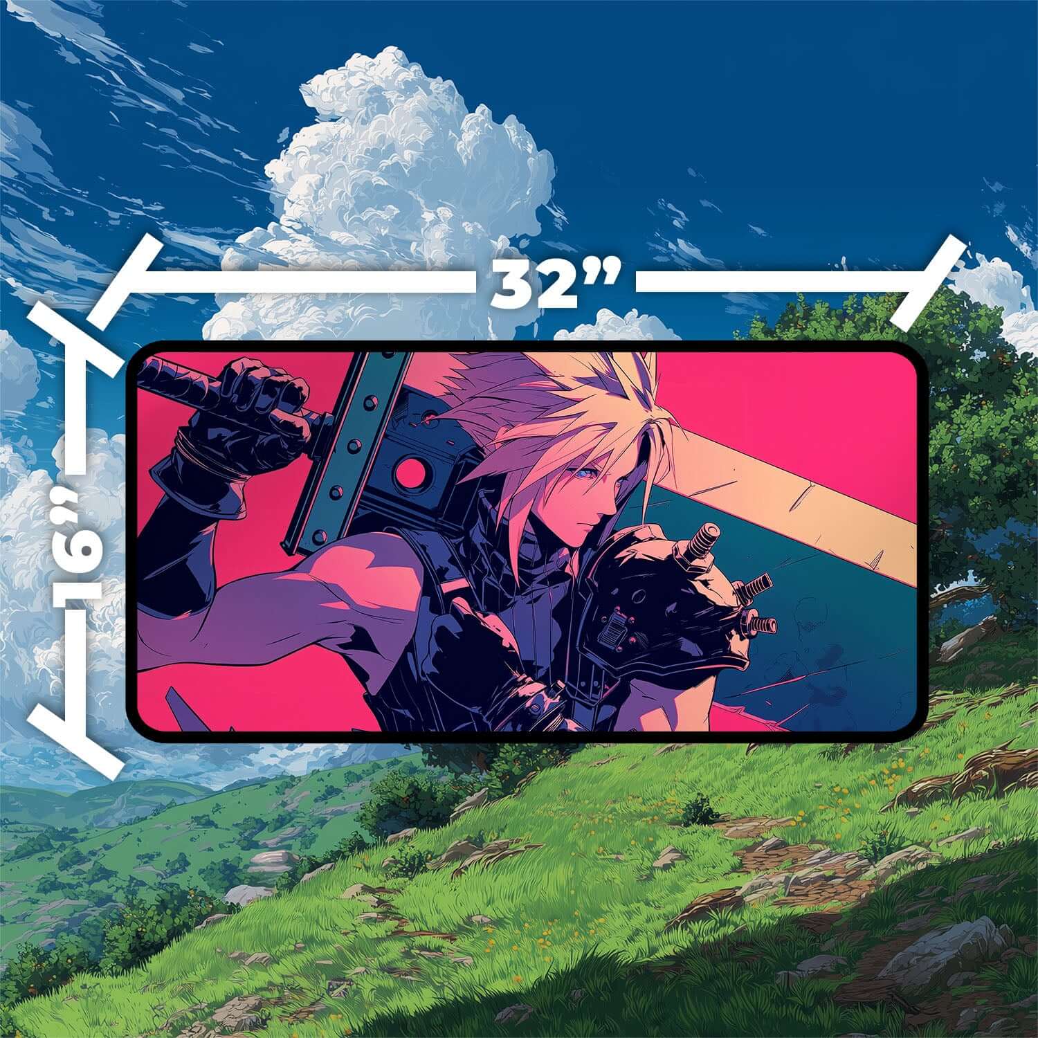 Cloud Strife Playmat | Final Fantasy Playmat | Iconic Fantasy Hero Playmat with Zones Option | 24x14 | 22x12 | 32x16 Sizes