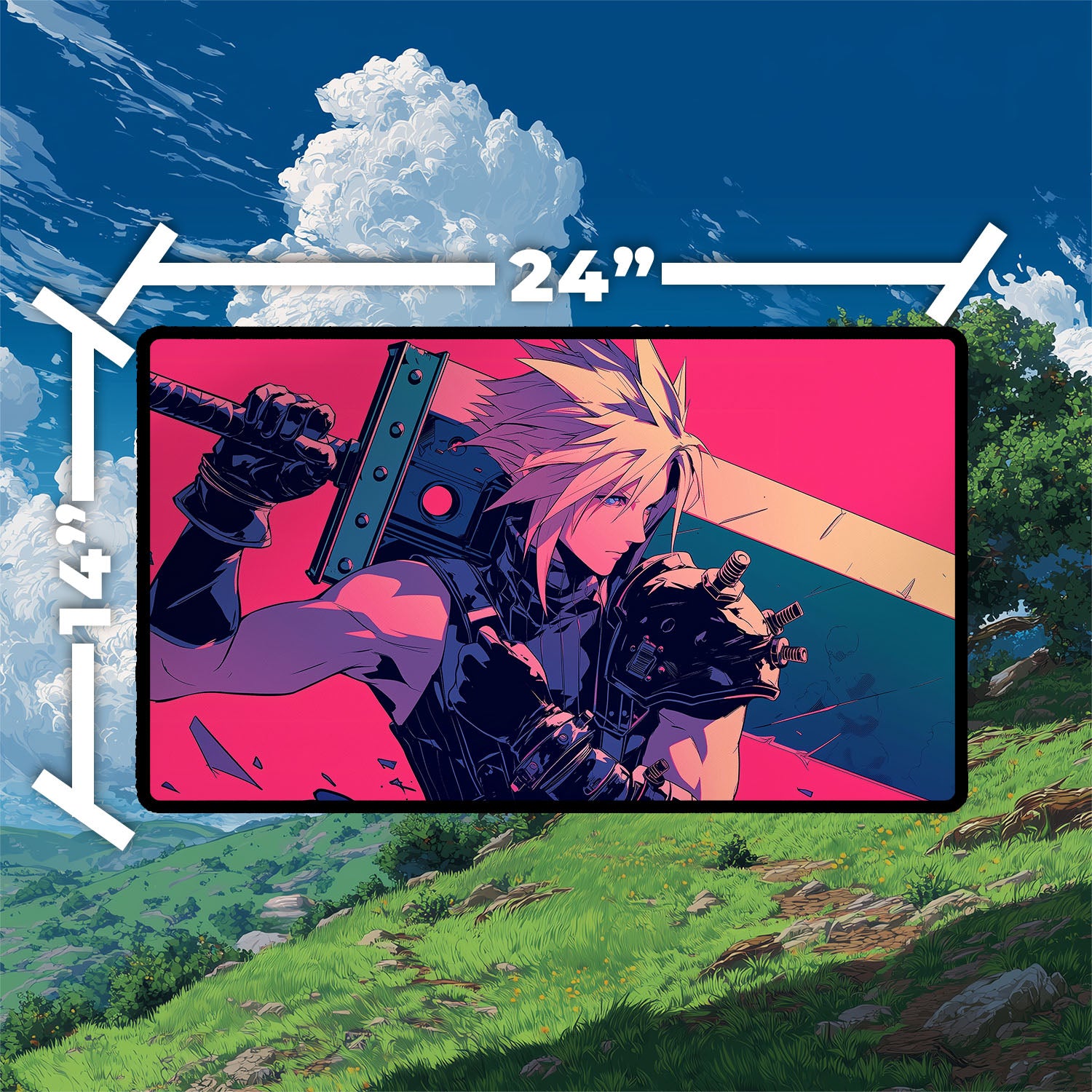 Cloud Strife Playmat | Final Fantasy Playmat | Iconic Fantasy Hero Playmat with Zones Option | 24x14 | 22x12 | 32x16 Sizes