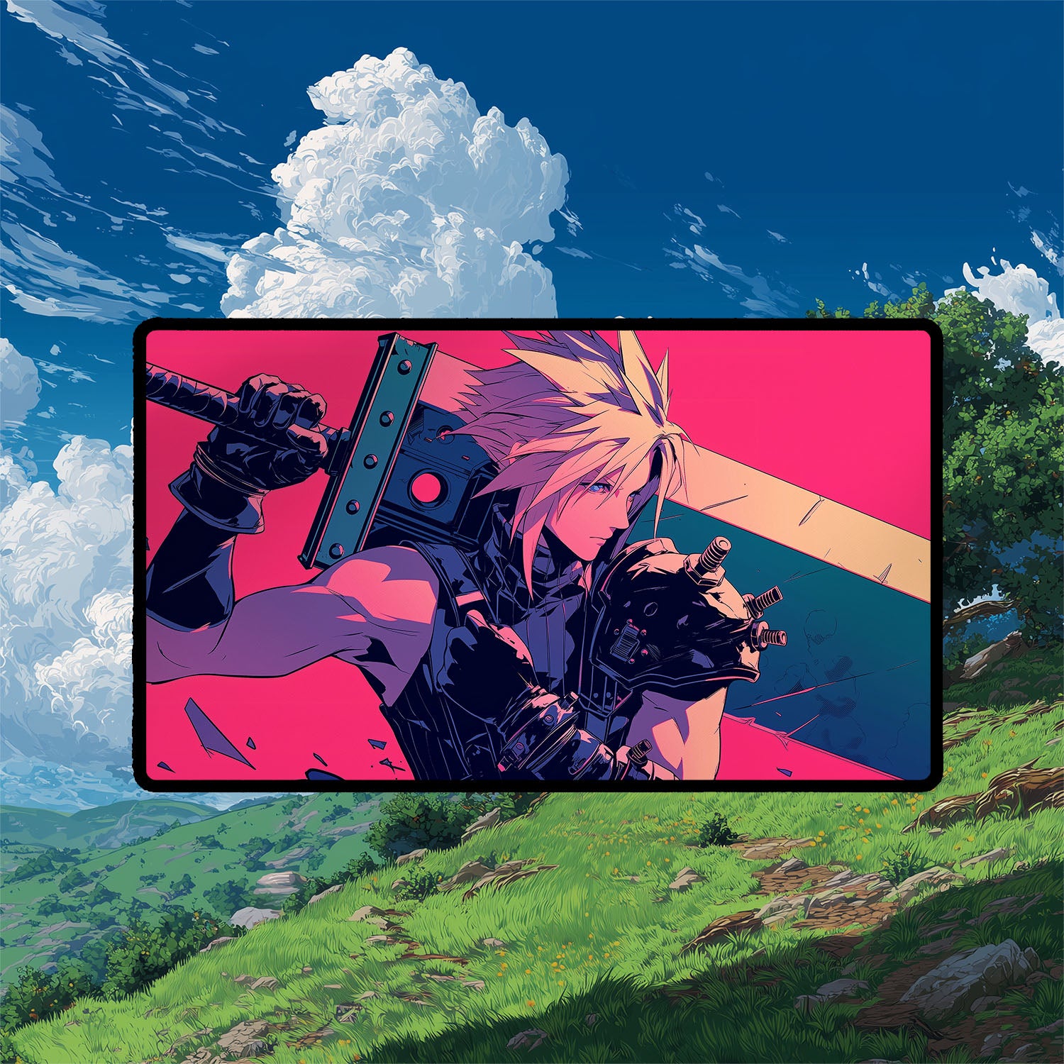 Cloud Strife Playmat | Final Fantasy Playmat | Iconic Fantasy Hero Playmat with Zones Option | 24x14 | 22x12 | 32x16 Sizes