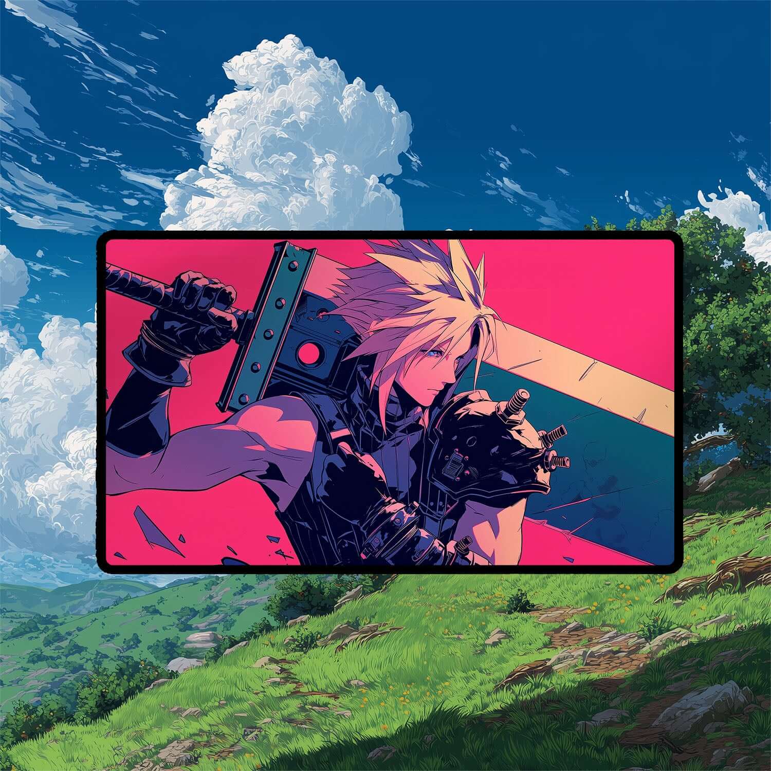 Cloud Strife Playmat | Final Fantasy Playmat | Iconic Fantasy Hero Playmat with Zones Option | 24x14 | 22x12 | 32x16 Sizes