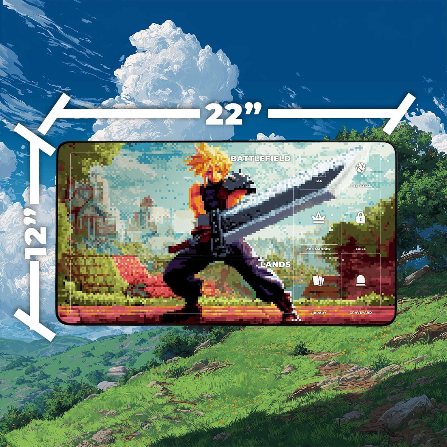 Cloud Ex-SOLDIER Pixel Art Playmat | Final Fantasy Playmat | Retro Pixel TCG Mat with Zones Option | 24x14 | 22x12 | 32x16 Sizes