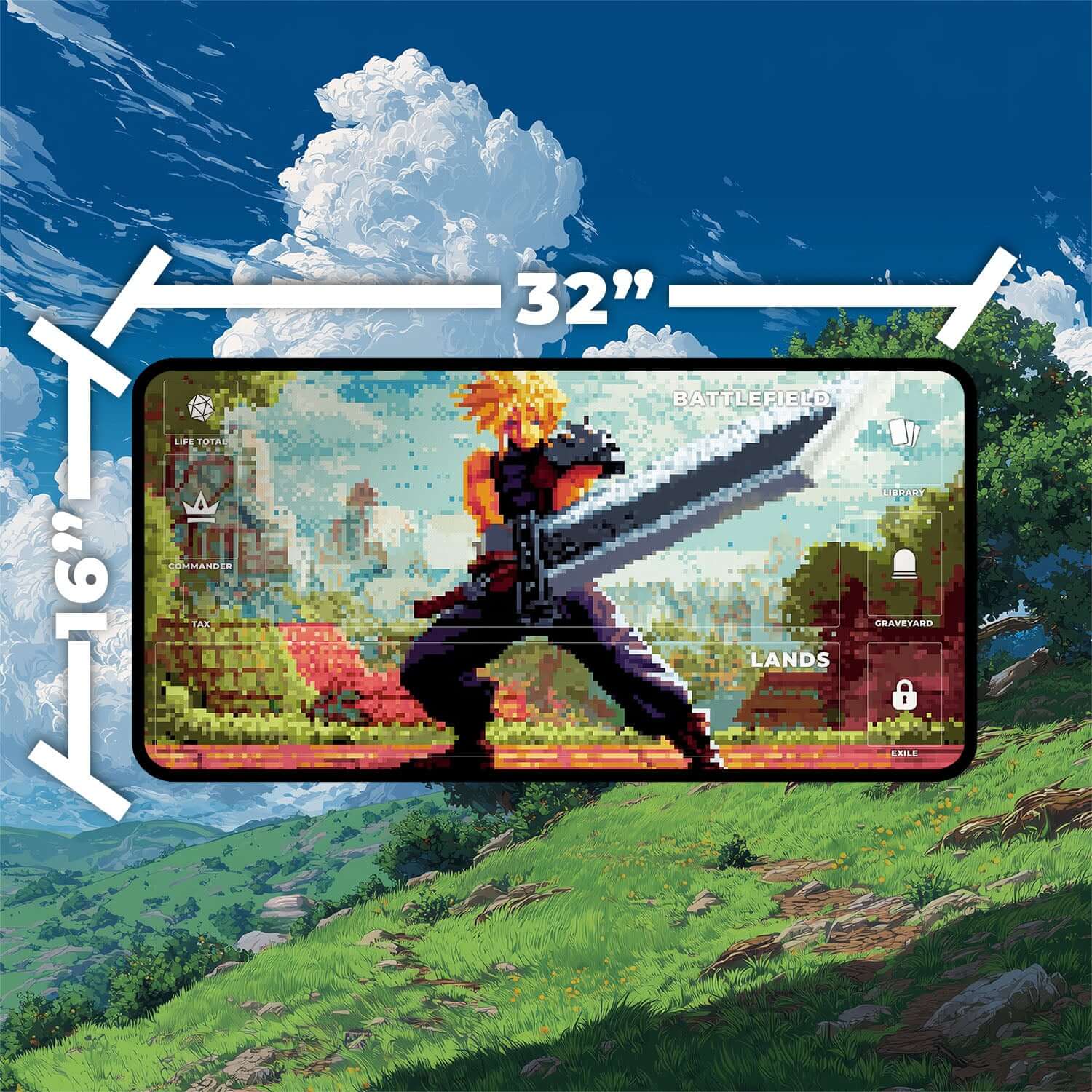 Cloud Ex-SOLDIER Pixel Art Playmat | Final Fantasy Playmat | Retro Pixel TCG Mat with Zones Option | 24x14 | 22x12 | 32x16 Sizes