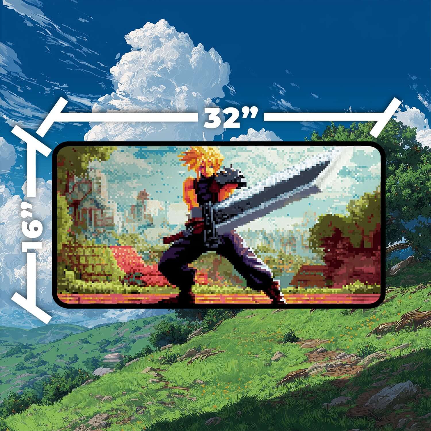 Cloud Ex-SOLDIER Pixel Art Playmat | Final Fantasy Playmat | Retro Pixel TCG Mat with Zones Option | 24x14 | 22x12 | 32x16 Sizes