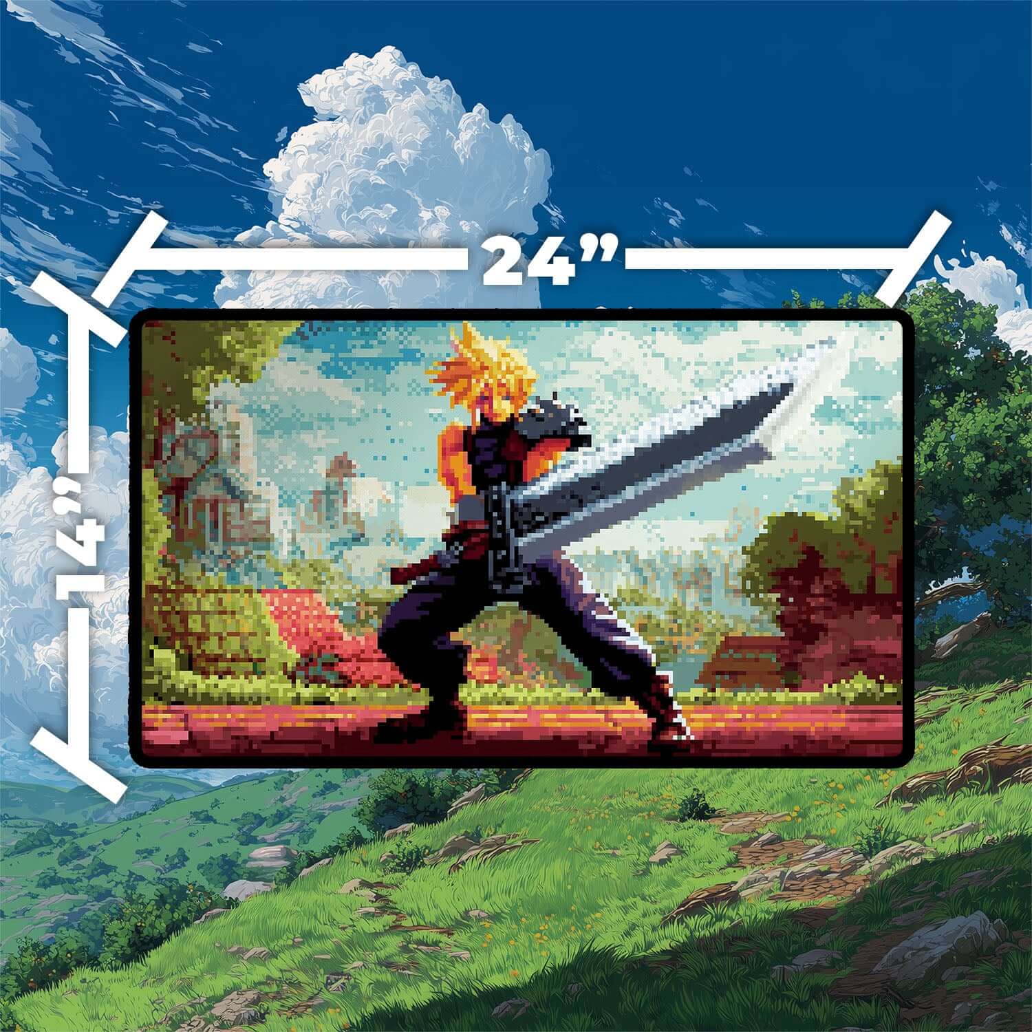 Cloud Ex-SOLDIER Pixel Art Playmat | Final Fantasy Playmat | Retro Pixel TCG Mat with Zones Option | 24x14 | 22x12 | 32x16 Sizes