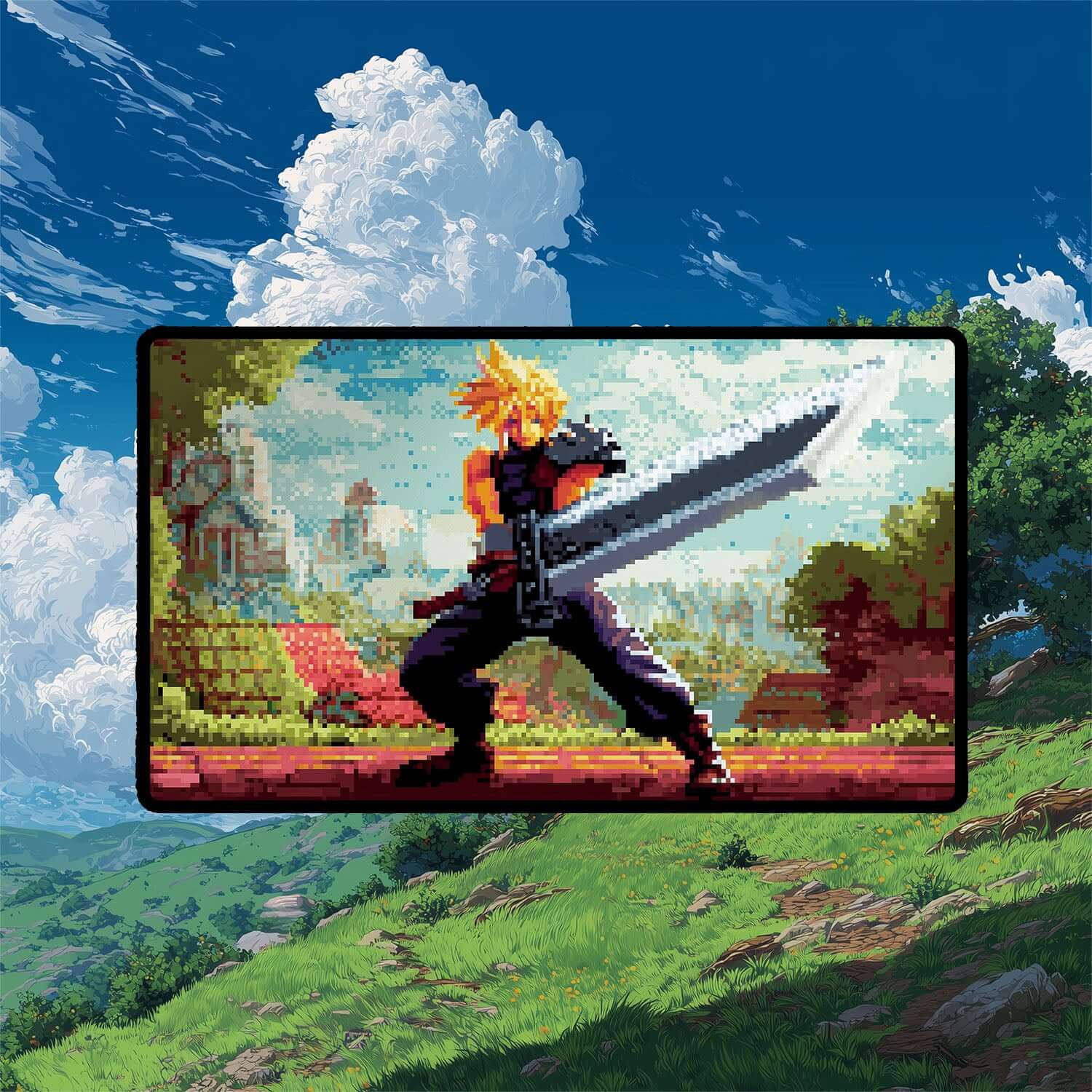 Cloud Ex-SOLDIER Pixel Art Playmat | Final Fantasy Playmat | Retro Pixel TCG Mat with Zones Option | 24x14 | 22x12 | 32x16 Sizes