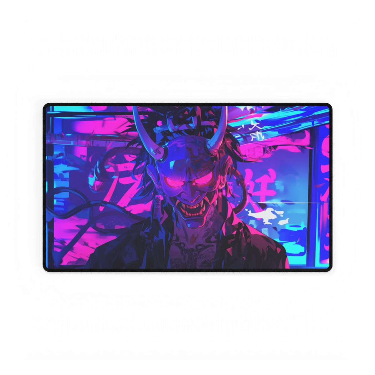 Cyberpunk Oni Mask Playmat | TCG Playmat | Neon Graffiti Playmat with Zones Option | 24x14 | 22x12 | 32x16 Sizes