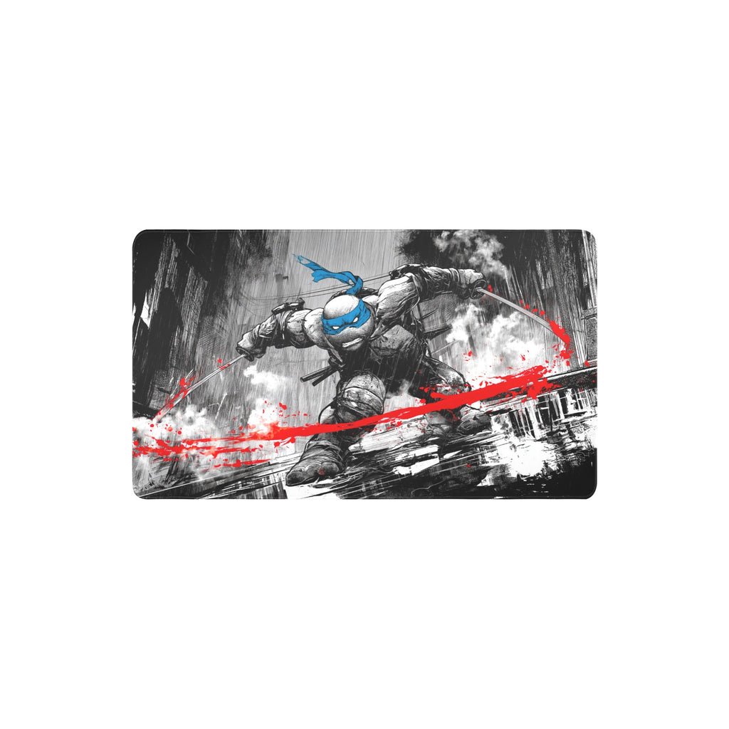 Leonardo TMNT borderless playmat featuring bold black noir art of Leonardo in action with a blue mask and sword.