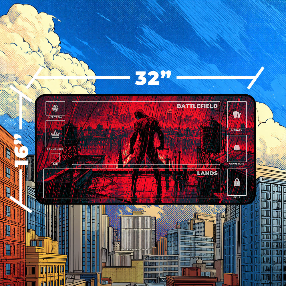 Vigilante Playmat | Red Noir Rainy City Comic Art
