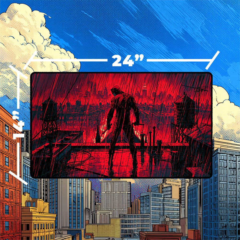 Vigilante Playmat | Red Noir Rainy City Comic Art