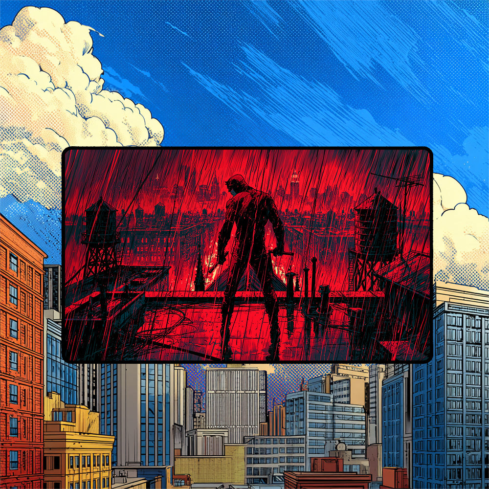 Vigilante Playmat | Red Noir Rainy City Comic Art