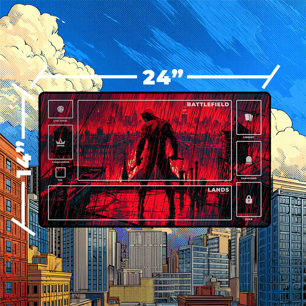Vigilante Playmat | Red Noir Rainy City Comic Art