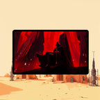 Darth Vader playmat featuring a dramatic Sith throne scene in red light, showcasing the iconic Star Wars character.