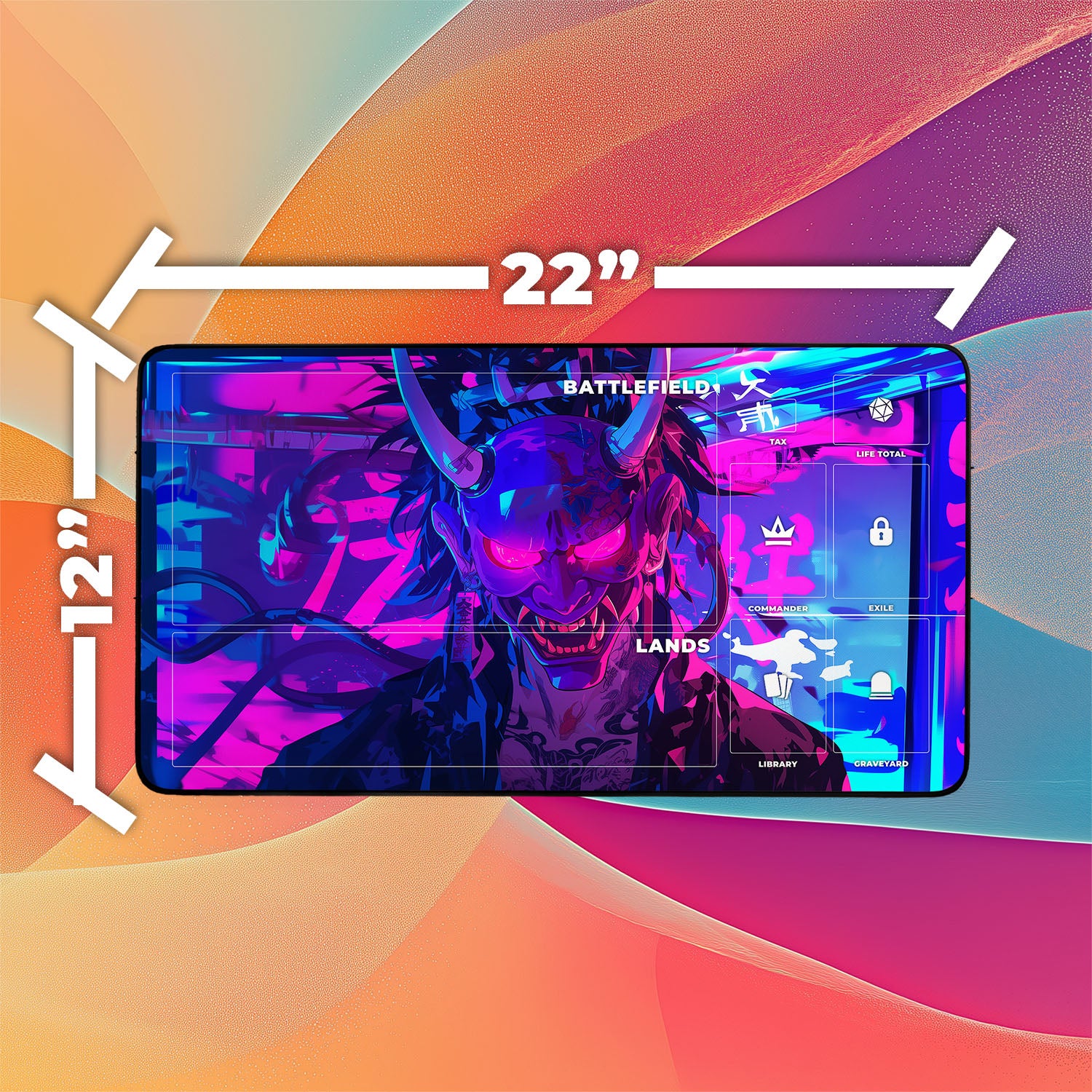 Cyberpunk Oni Mask Playmat | TCG Playmat | Neon Graffiti Playmat with Zones Option | 24x14 | 22x12 | 32x16 Sizes
