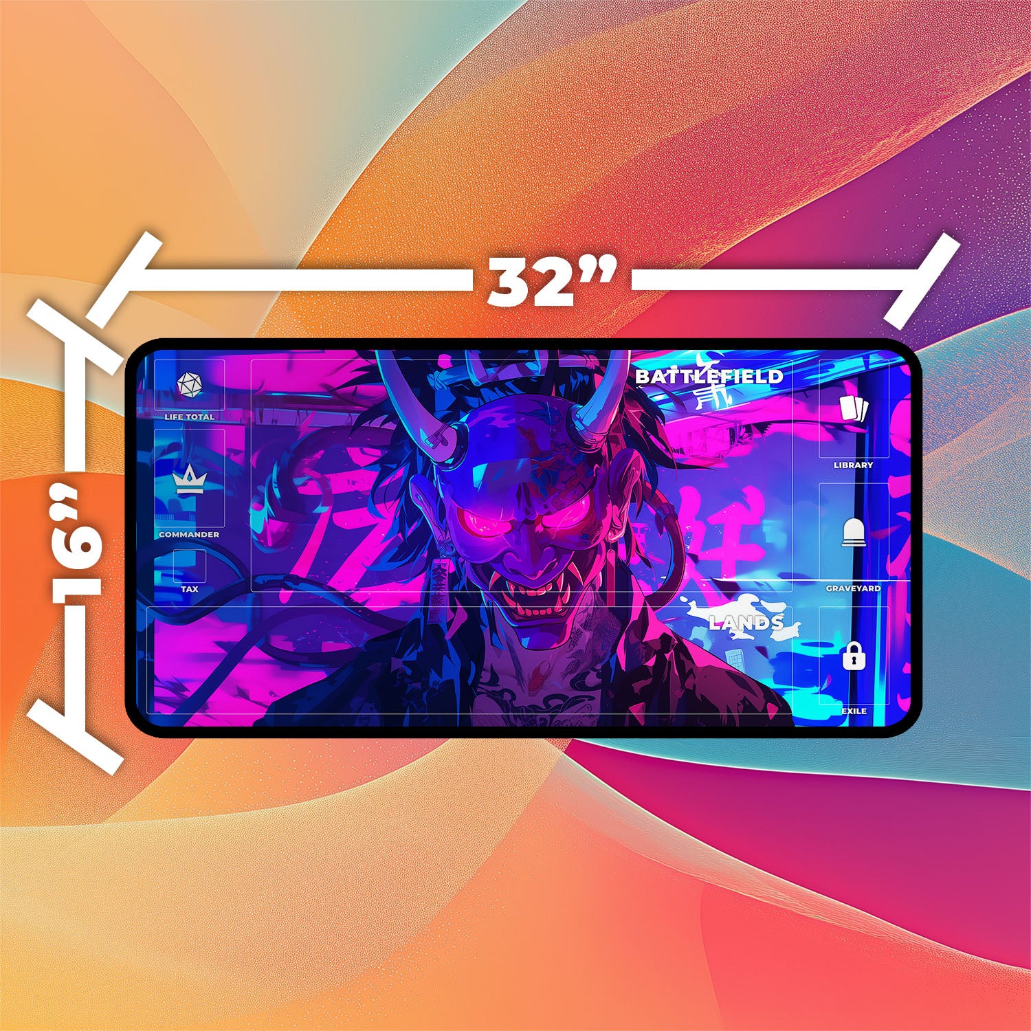 Cyberpunk Oni Mask Playmat | TCG Playmat | Neon Graffiti Playmat with Zones Option | 24x14 | 22x12 | 32x16 Sizes