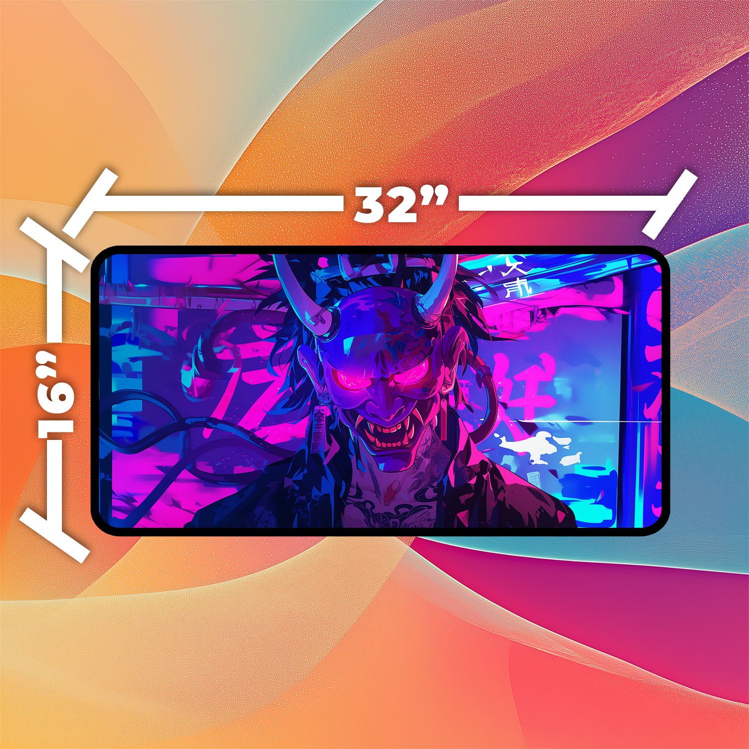 Cyberpunk Oni Mask Playmat | TCG Playmat | Neon Graffiti Playmat with Zones Option | 24x14 | 22x12 | 32x16 Sizes