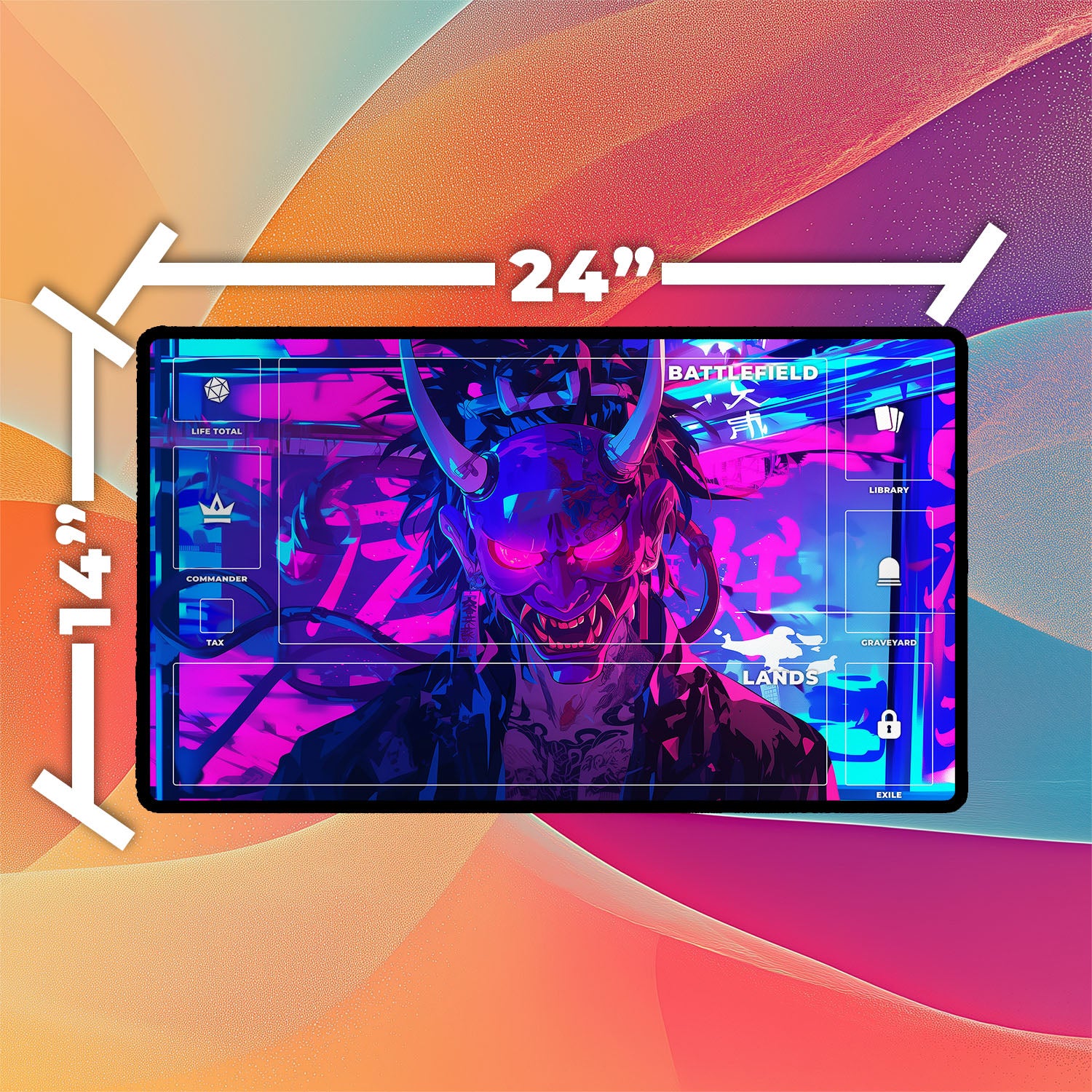 Cyberpunk Oni Mask Playmat | TCG Playmat | Neon Graffiti Playmat with Zones Option | 24x14 | 22x12 | 32x16 Sizes