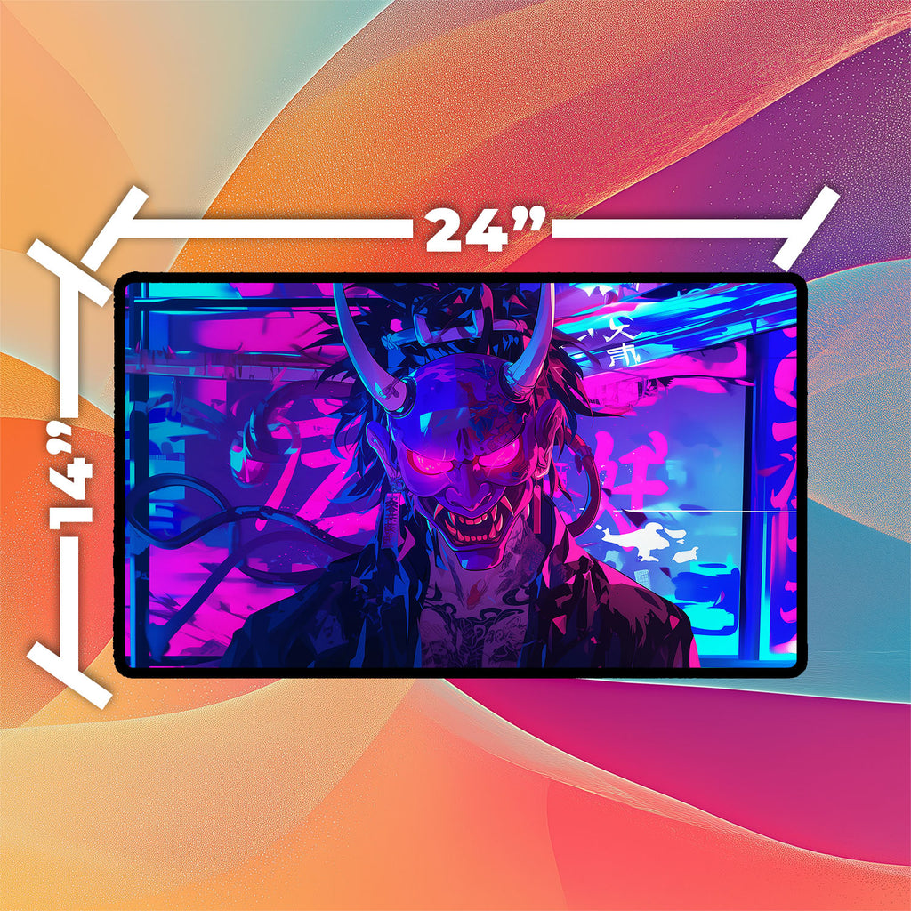 Cyberpunk Oni Mask Playmat | TCG Playmat | Neon Graffiti Playmat with Zones Option | 24x14 | 22x12 | 32x16 Sizes