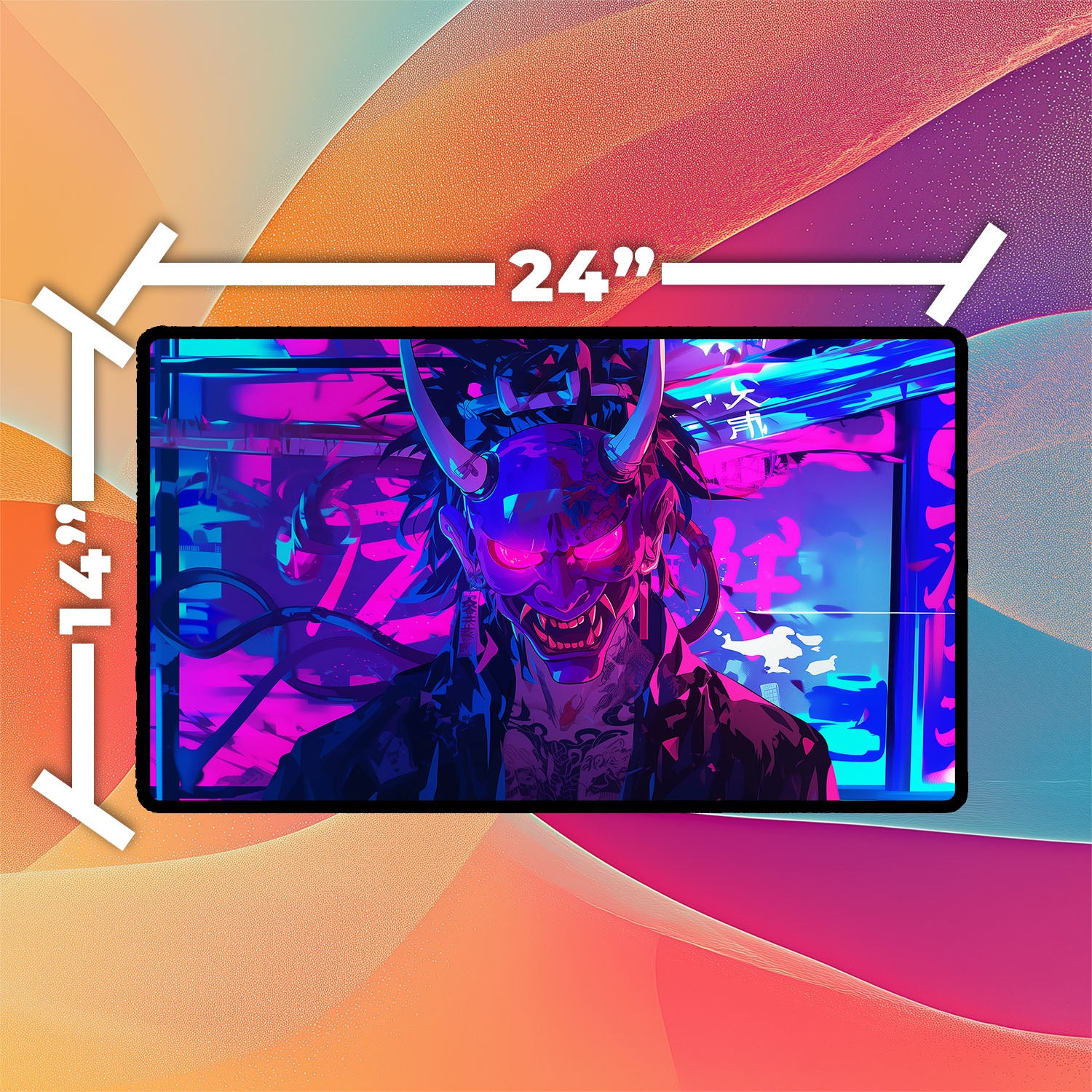 Cyberpunk Oni Mask Playmat | TCG Playmat | Neon Graffiti Playmat with Zones Option | 24x14 | 22x12 | 32x16 Sizes