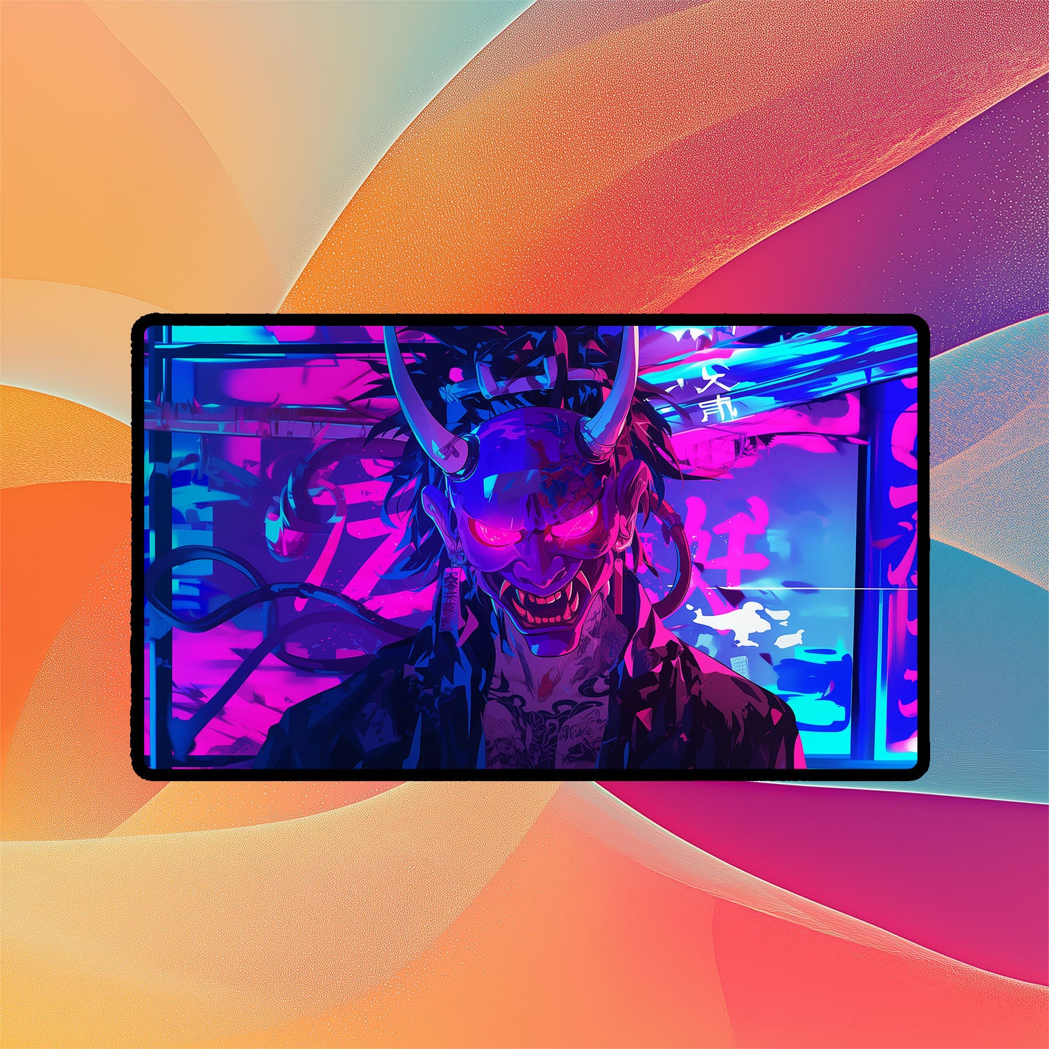 Cyberpunk Oni Mask Playmat | TCG Playmat | Neon Graffiti Playmat with Zones Option | 24x14 | 22x12 | 32x16 Sizes