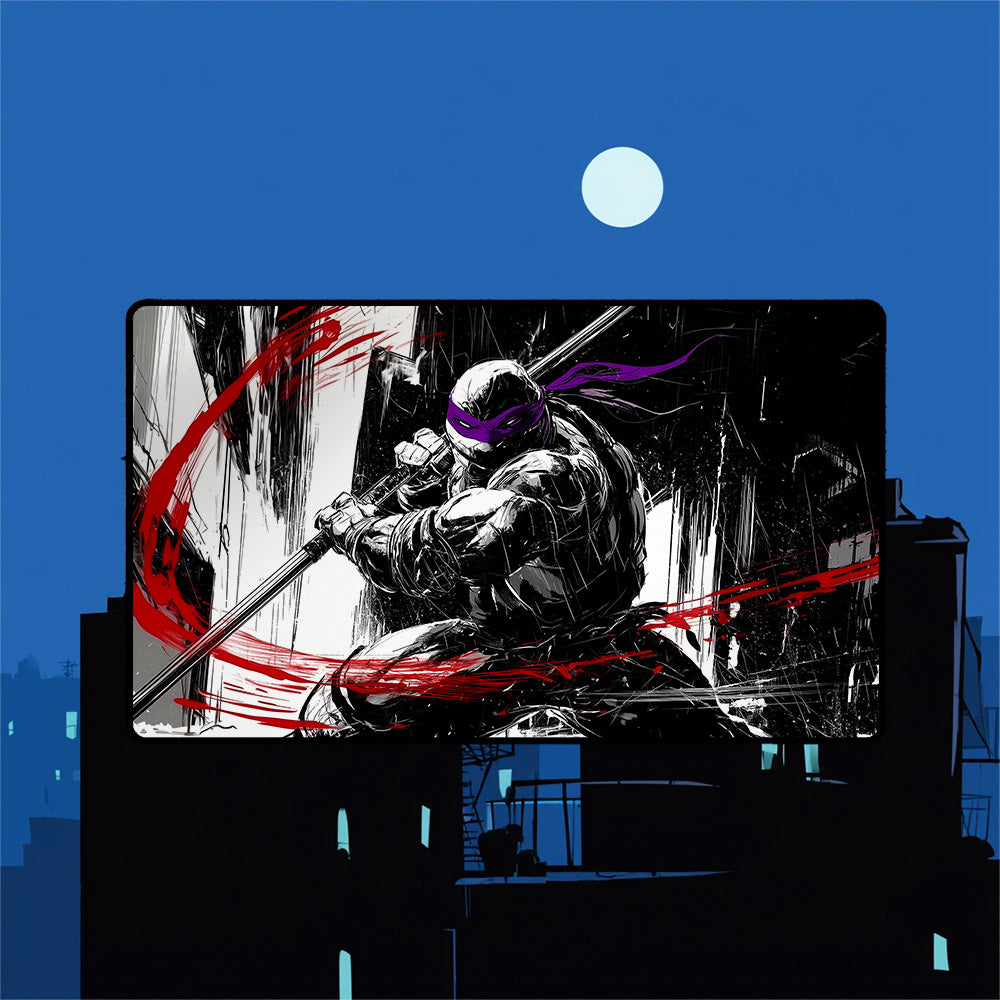 Donatello TMNT playmat with dramatic shadow work and graphic novel aesthetic