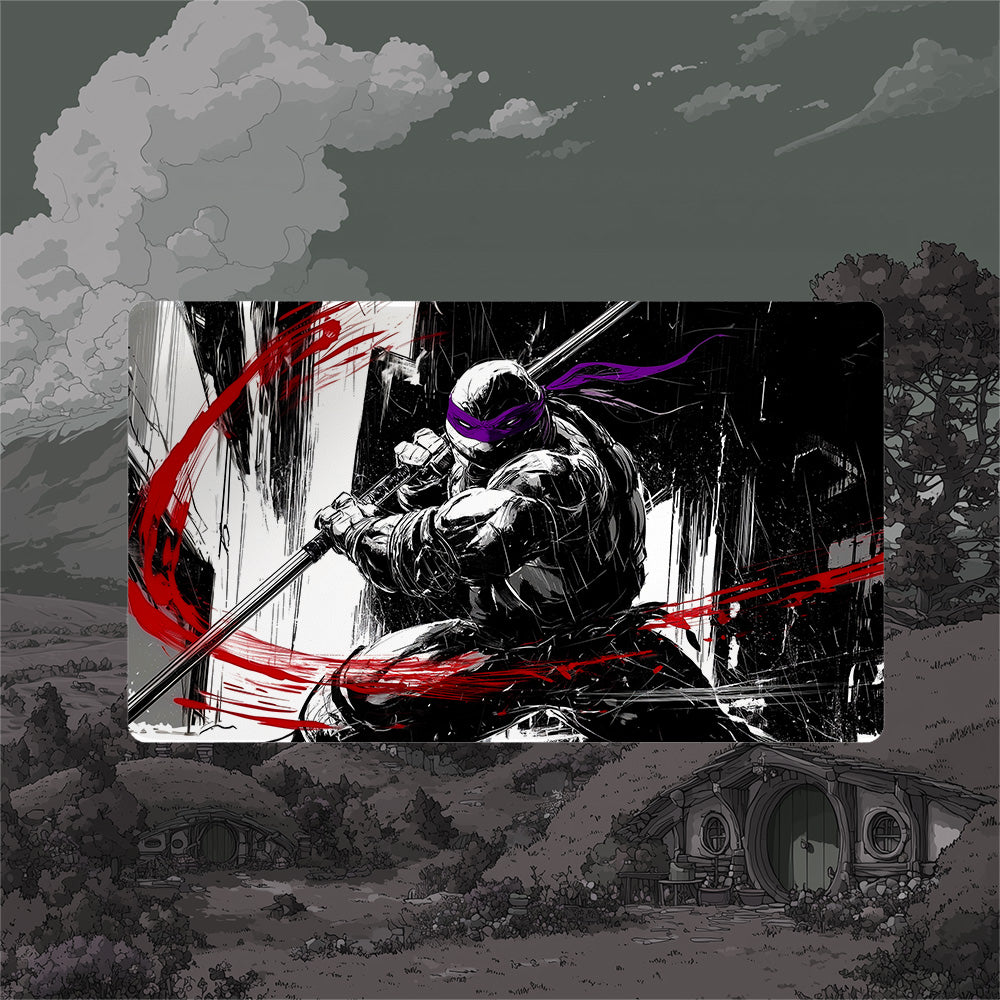Donatello TMNT borderless playmat featuring bold black noir art and dynamic action.