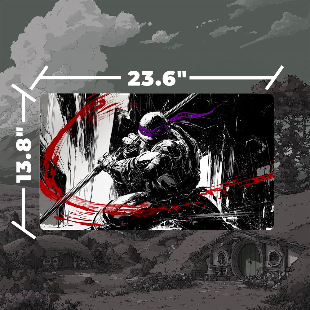 Donatello TMNT borderless playmat showcasing bold black noir art and dynamic design elements.