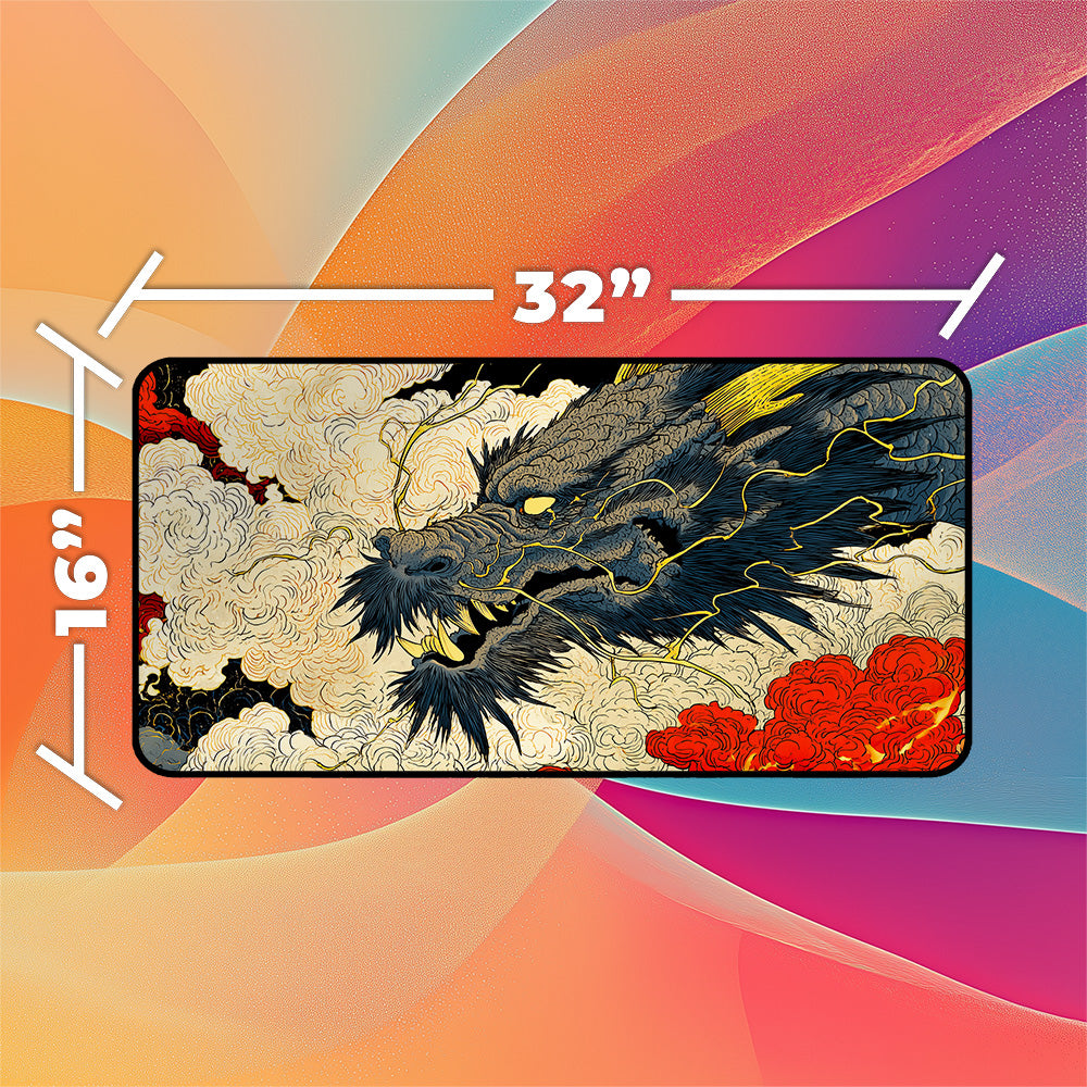 Dragon Ukiyo-e Playmat | TCG Playmat | Japanese Art Style Fantasy Dragon Design No Zones Option | 24x14 | 32x16 Sizes