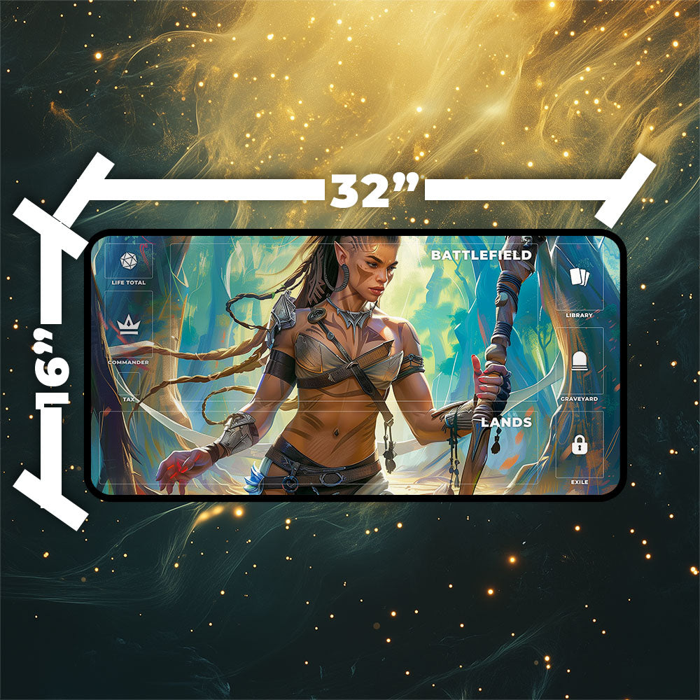 Elf Warrior Playmat | Magic the Gathering Playmat | Fantasy Heroine with Zones Option | 24x14 | 32x16