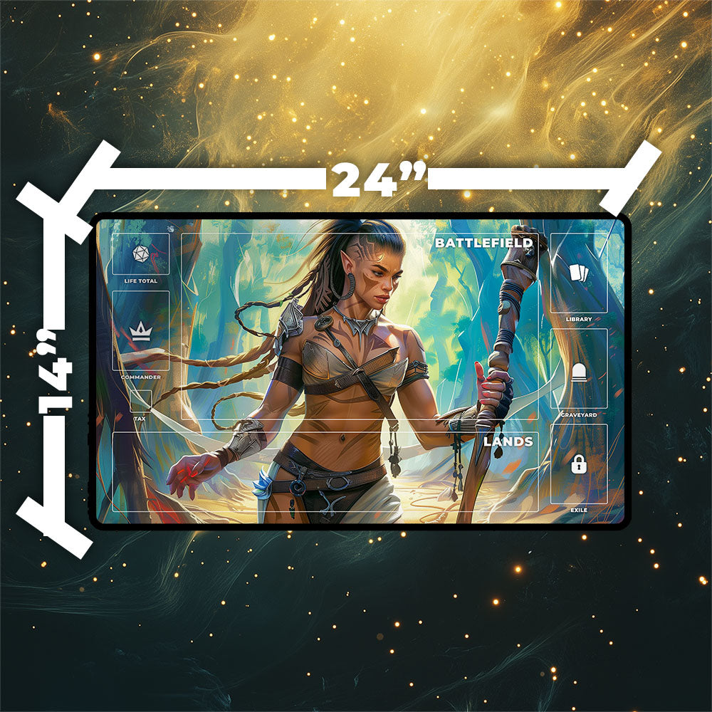 Elf Warrior Playmat | Magic the Gathering Playmat | Fantasy Heroine with Zones Option | 24x14 | 32x16