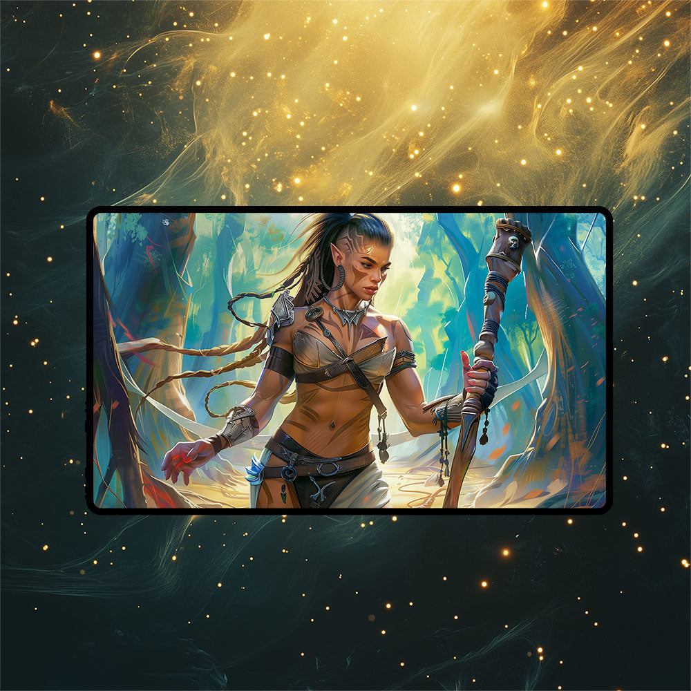 Elf Warrior Playmat | Magic the Gathering Playmat | Fantasy Heroine with Zones Option | 24x14 | 32x16