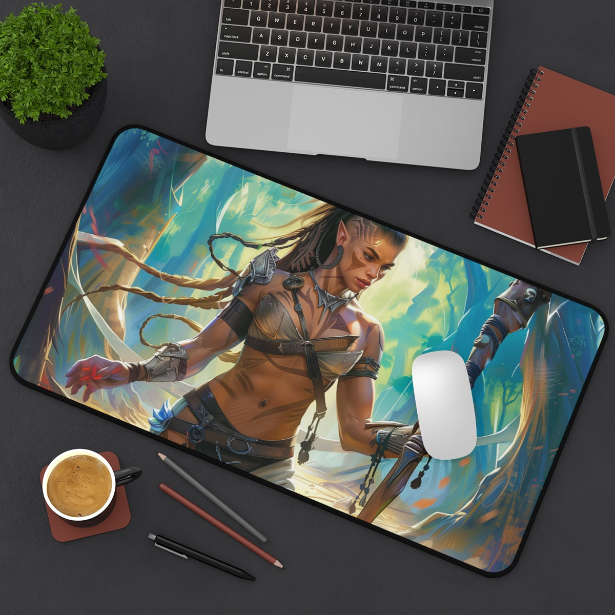 Elf Warrior Playmat | Magic the Gathering Playmat | Fantasy Heroine with Zones Option | 24x14 | 32x16