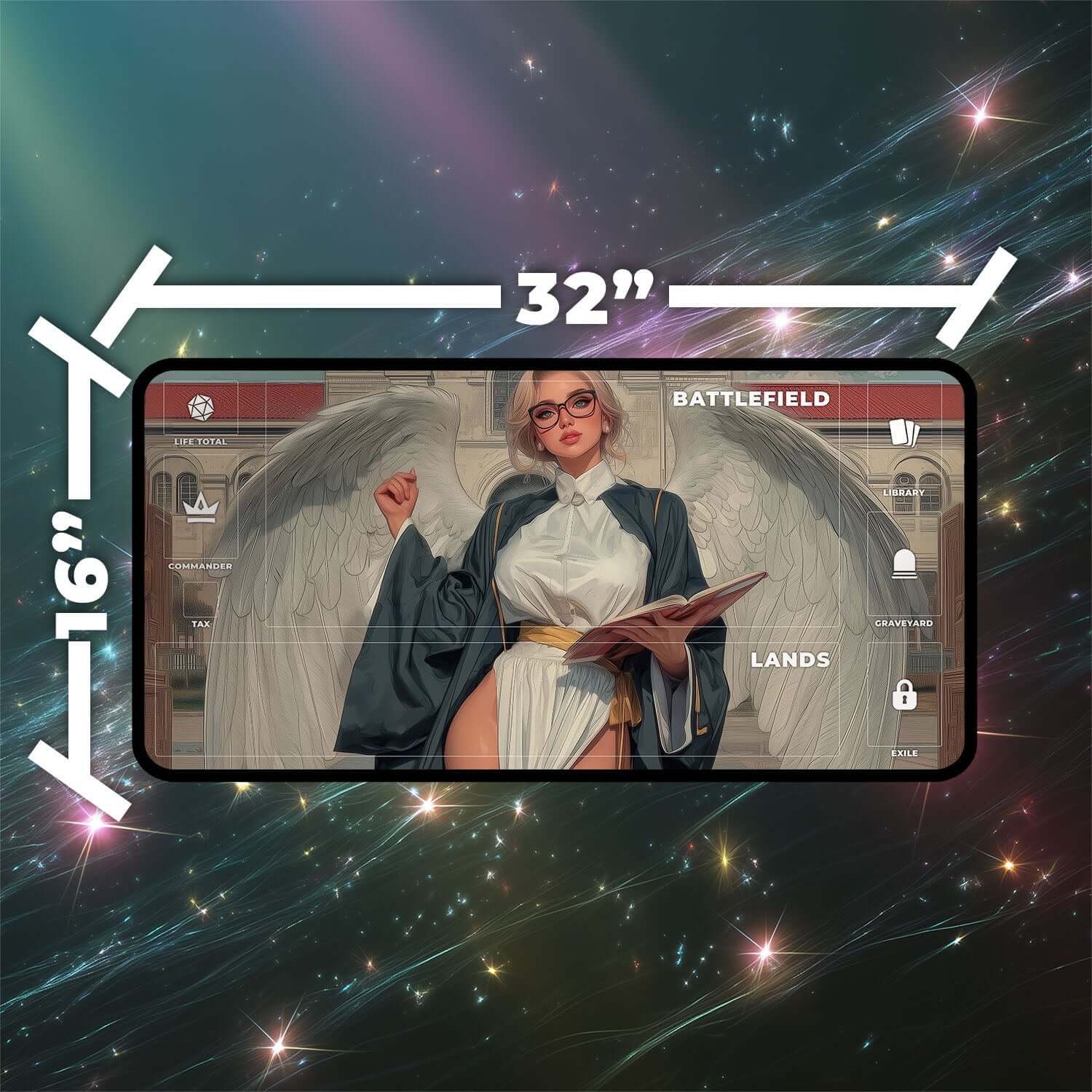 Enlightened Tutor Playmat | Magic the Gathering Playmat | Angel Playmat with Zones Option | 24x14 | 22x12 | 32x16 Sizes