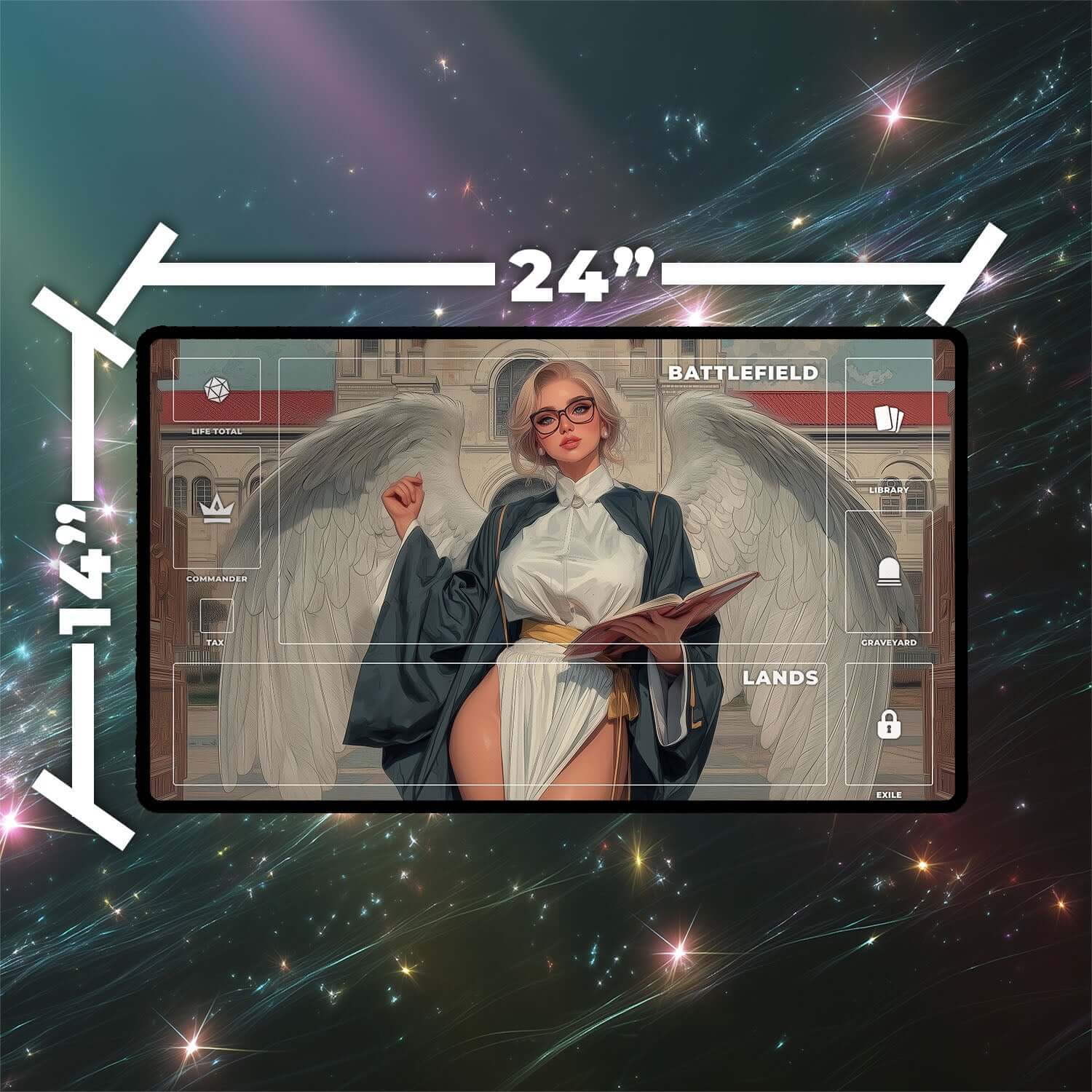 Enlightened Tutor Playmat | Magic the Gathering Playmat | Angel Playmat with Zones Option | 24x14 | 22x12 | 32x16 Sizes