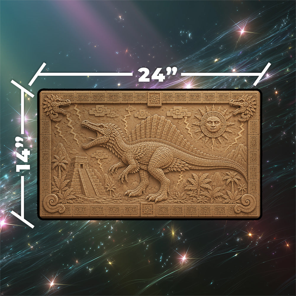 Etali, Primal Conqueror Dinosaur Playmat - Ancient Stone Carving TCG Mat